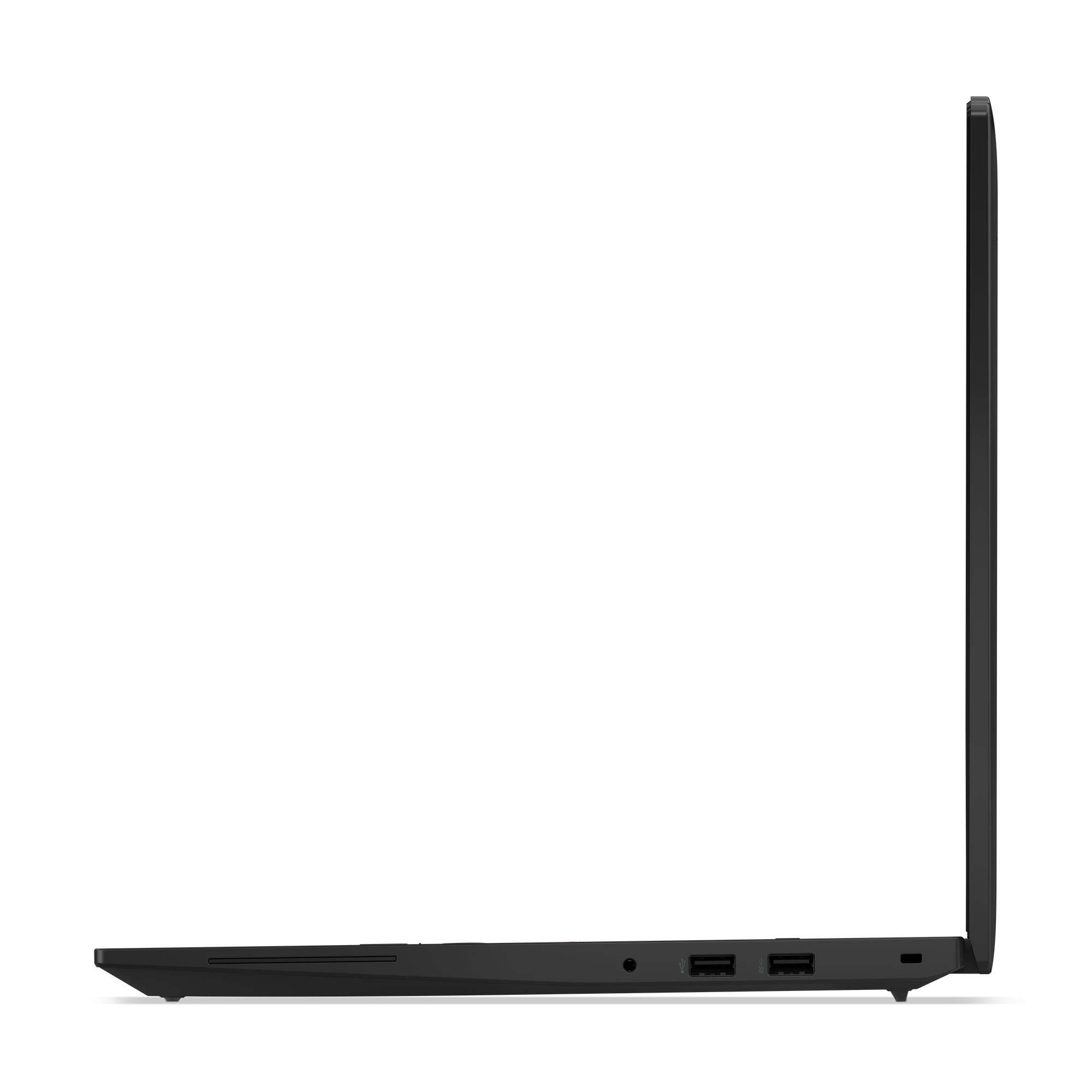 Seitenansicht eines schwarzen Laptops. Sichtbar sind die Anschlüsse und der geschlossene Deckel. Der Hintergrund ist weiß.