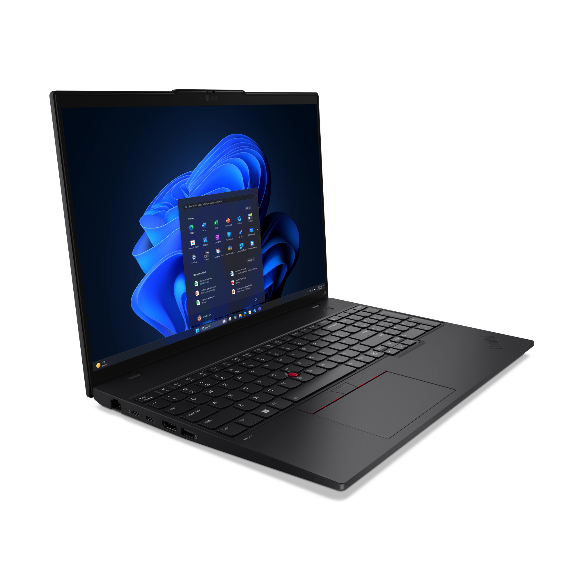 Schwarzer Laptop mit Windows-Desktop. Tastatur sichtbar, Thinkpad-Logo auf dem Deckel. Bildschirm zeigt App-Symbole, blauer Hintergrund.
