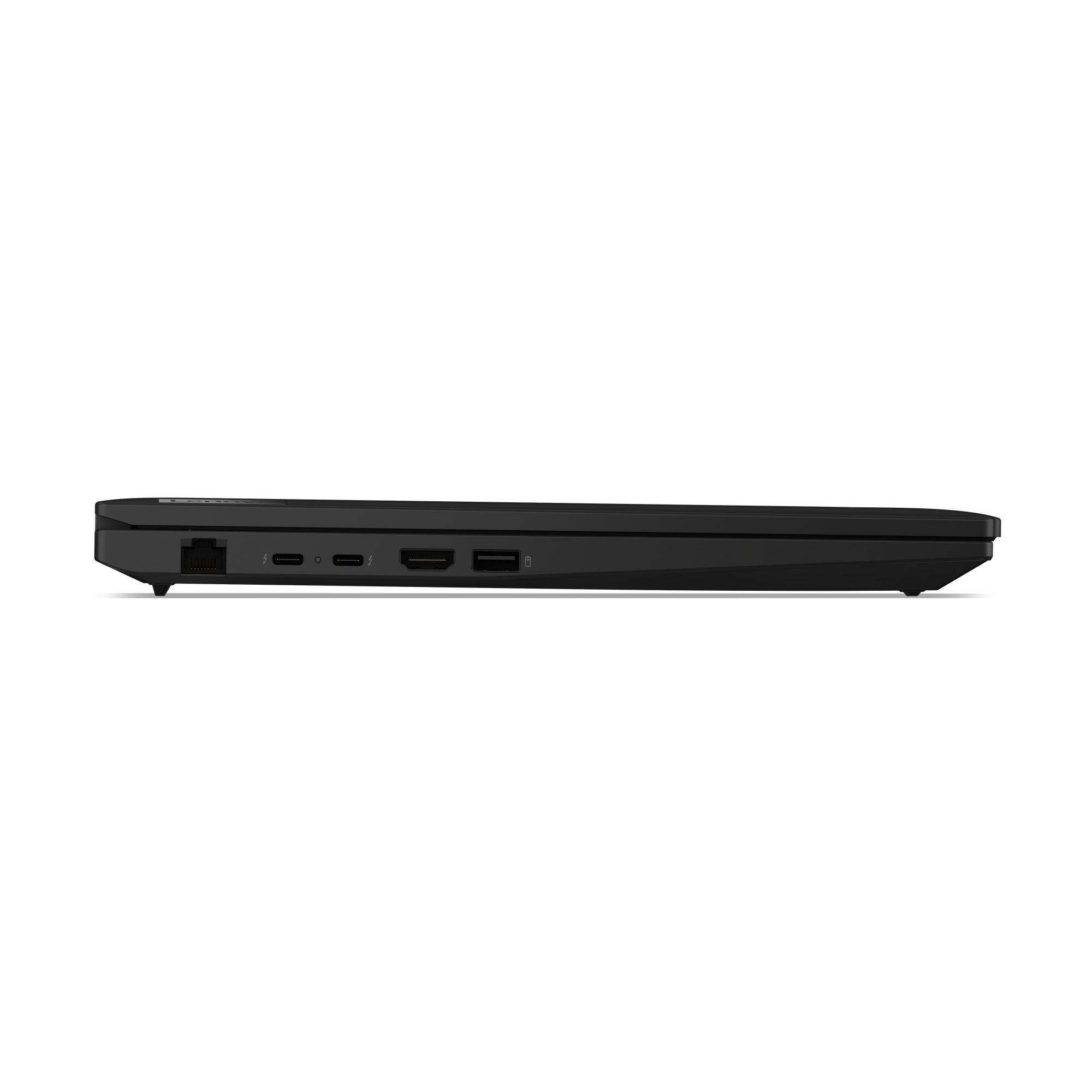 Seitenansicht eines schwarzen Laptops mit Anschlüssen: Ethernet, Thunderbolt, HDMI und USB. Der Laptop steht auf weißem Grund.