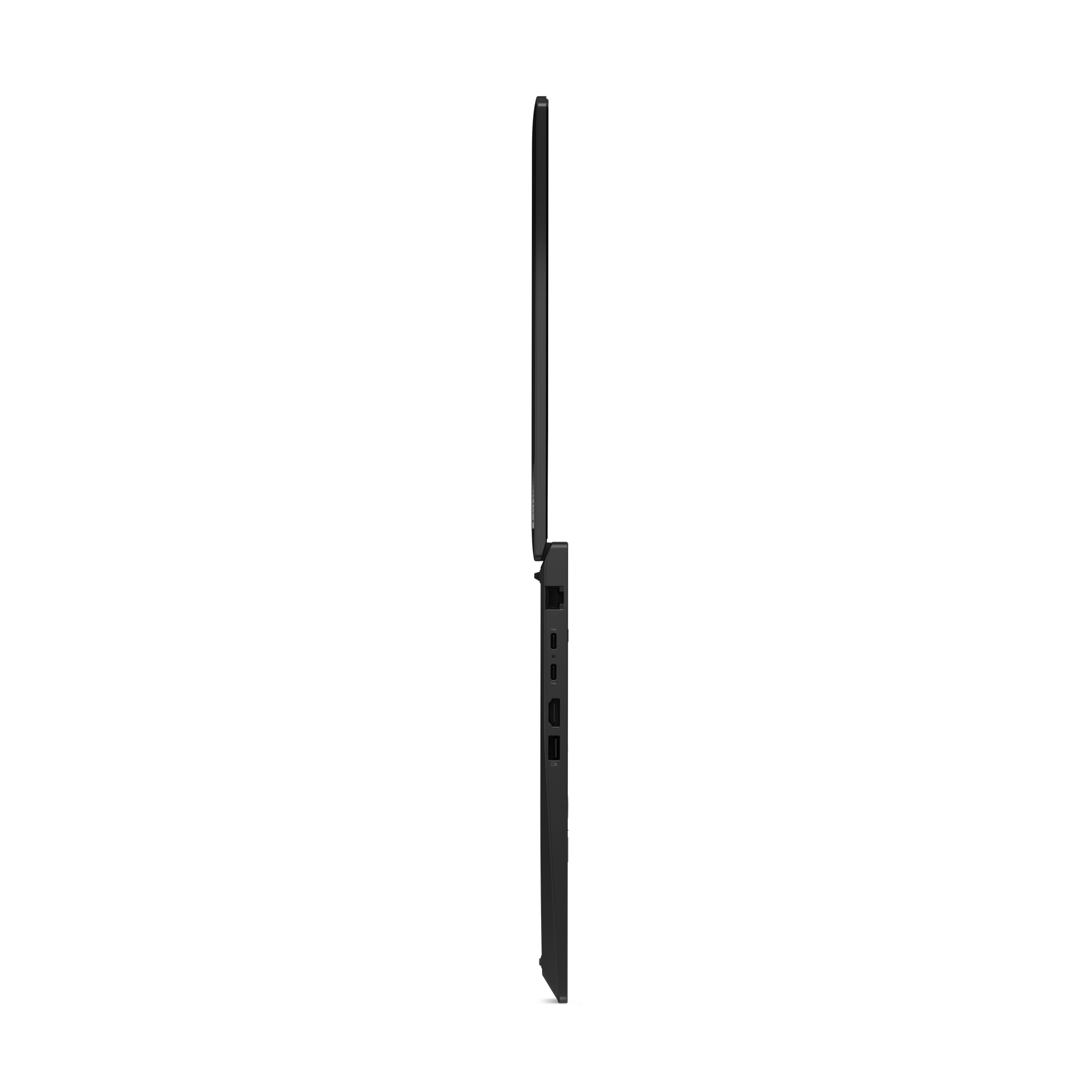 Seitenansicht eines schwarzen Laptops. Der Bildschirm ist geschlossen, die Seite zeigt Anschlüsse und das Scharnier.