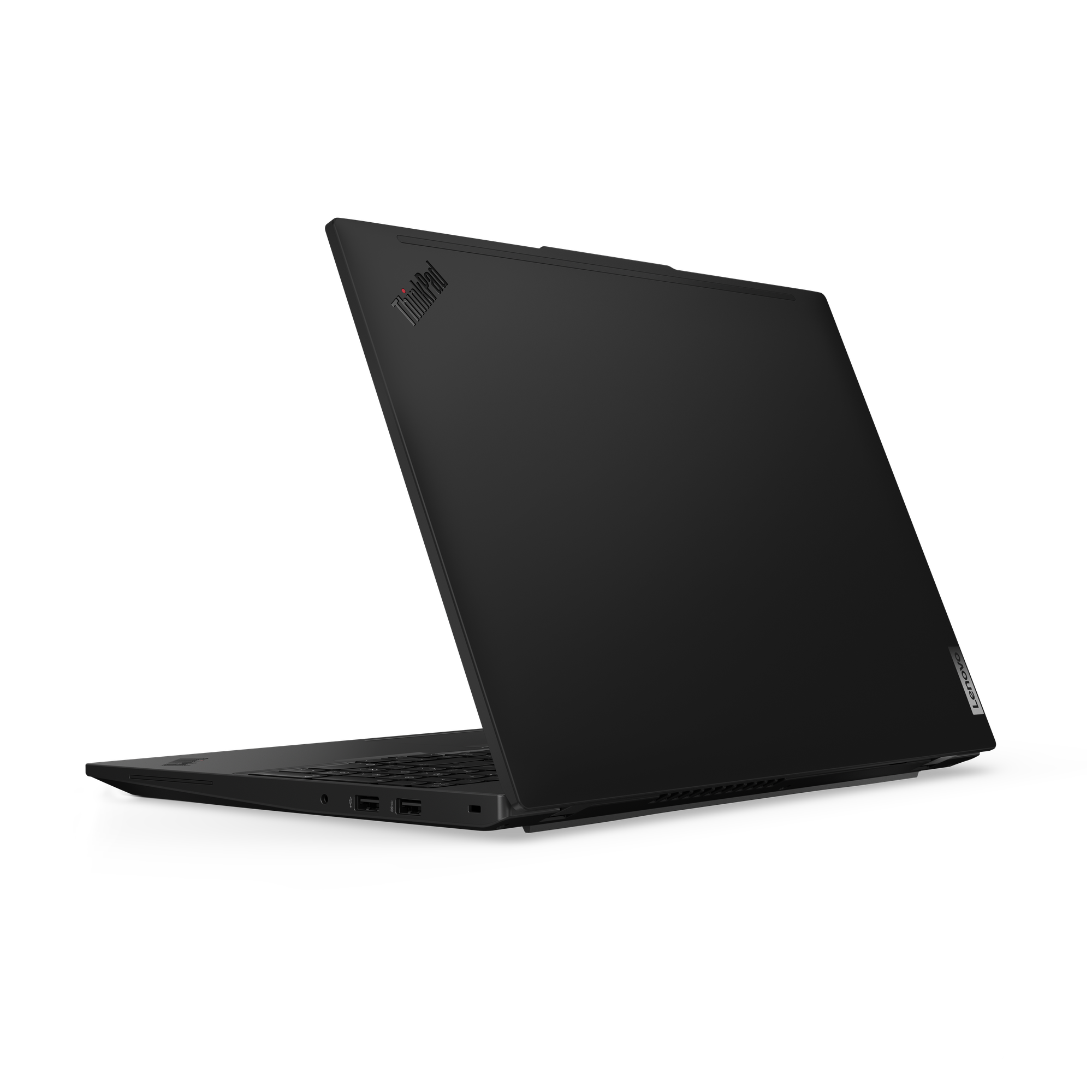 Schwarzer ThinkPad-Laptop auf schwarzem Untergrund. Der Laptop ist teilweise geöffnet und zeigt Tastatur und Anschlüsse.
