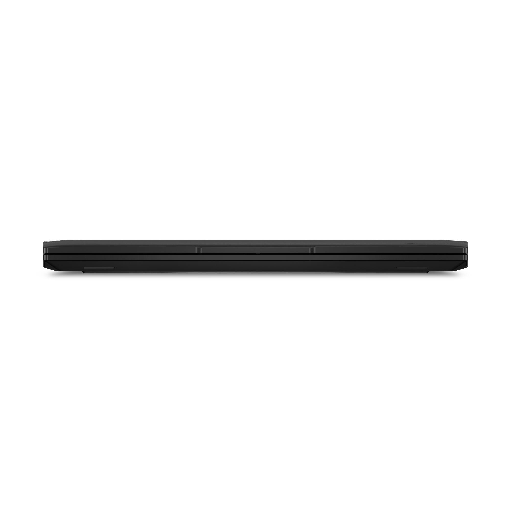 Schwarzer Laptop, Draufsicht, auf weißem Hintergrund. Der Laptop ist geschlossen. Minimalistisches, schlankes Design. Die untere Hälfte ist schwarz.
