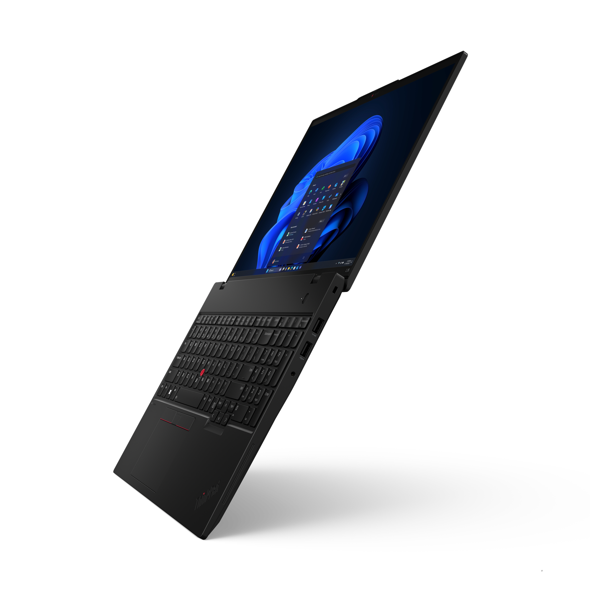 Ein schwarzer Laptop ist leicht geöffnet und zeigt eine Windows-Oberfläche. Tastatur, Trackpad und Bildschirm sind sichtbar.