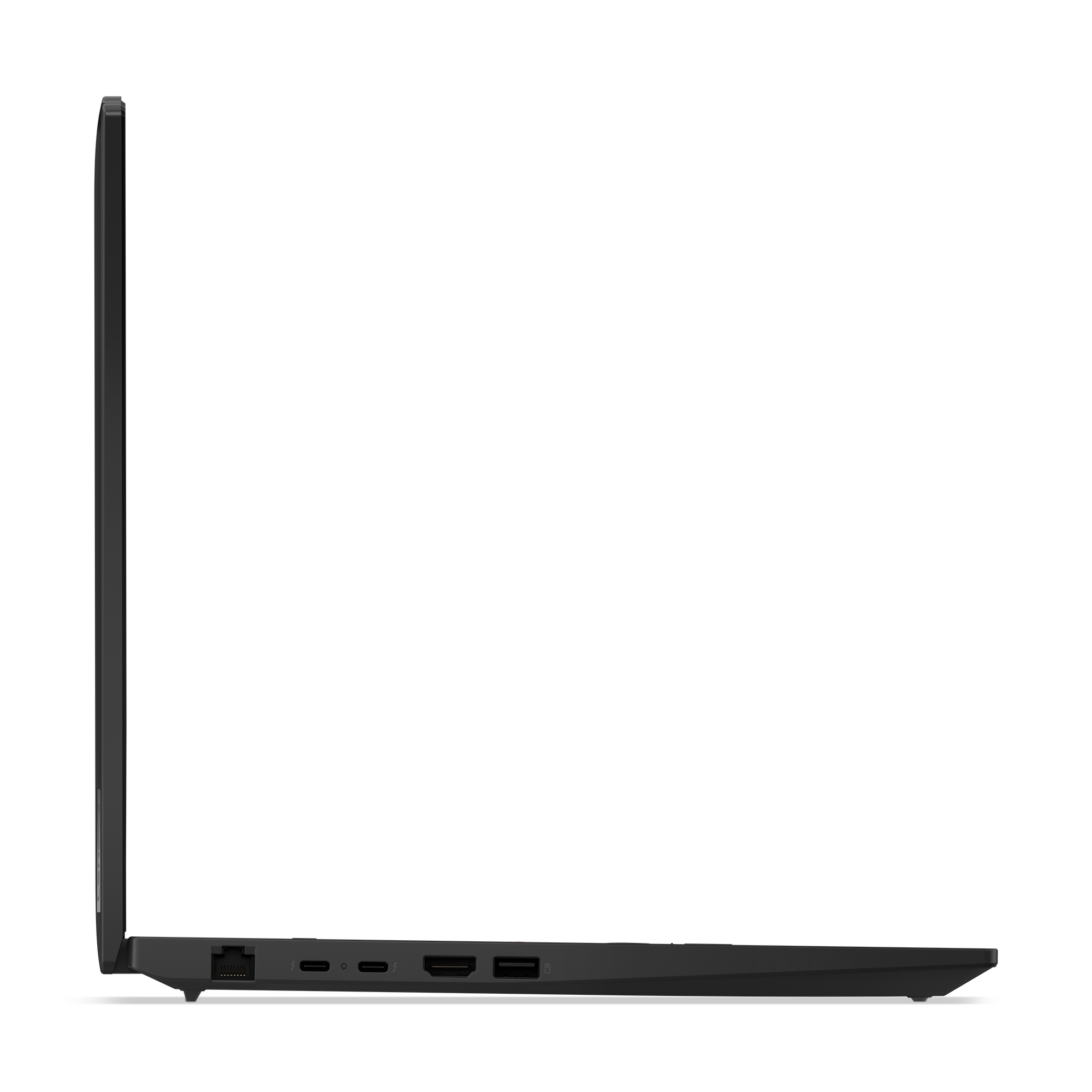 Seitenansicht eines schwarzen Laptops mit Anschlüssen. Der Laptop ist geschlossen, das Seitenprofil ist sichtbar. Der Hintergrund ist schwarz.