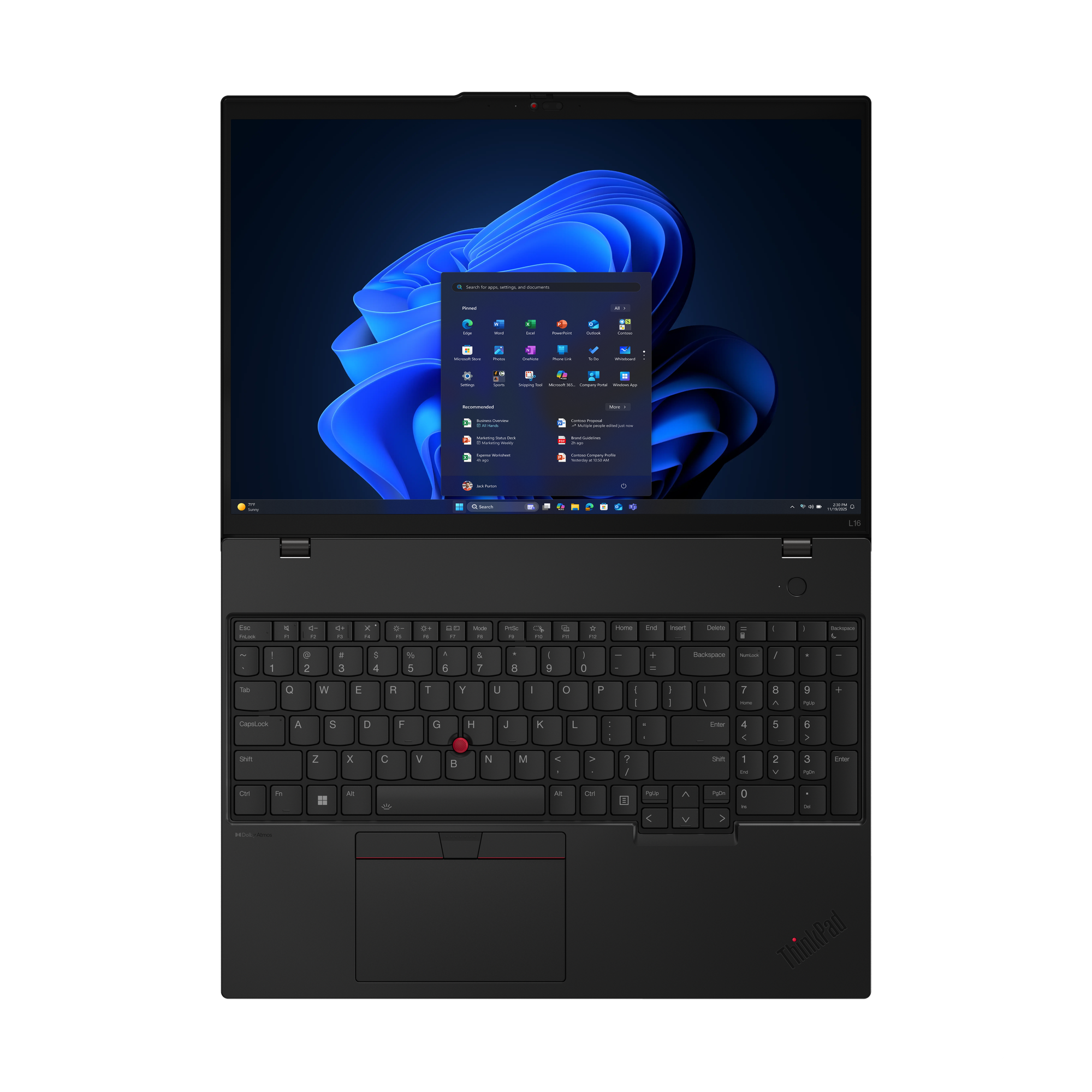 Schwarzer Laptop mit Tastatur und Bildschirm, der die Windows-Oberfläche anzeigt. Der Bildschirm zeigt Apps und das Einstellungsmenü.