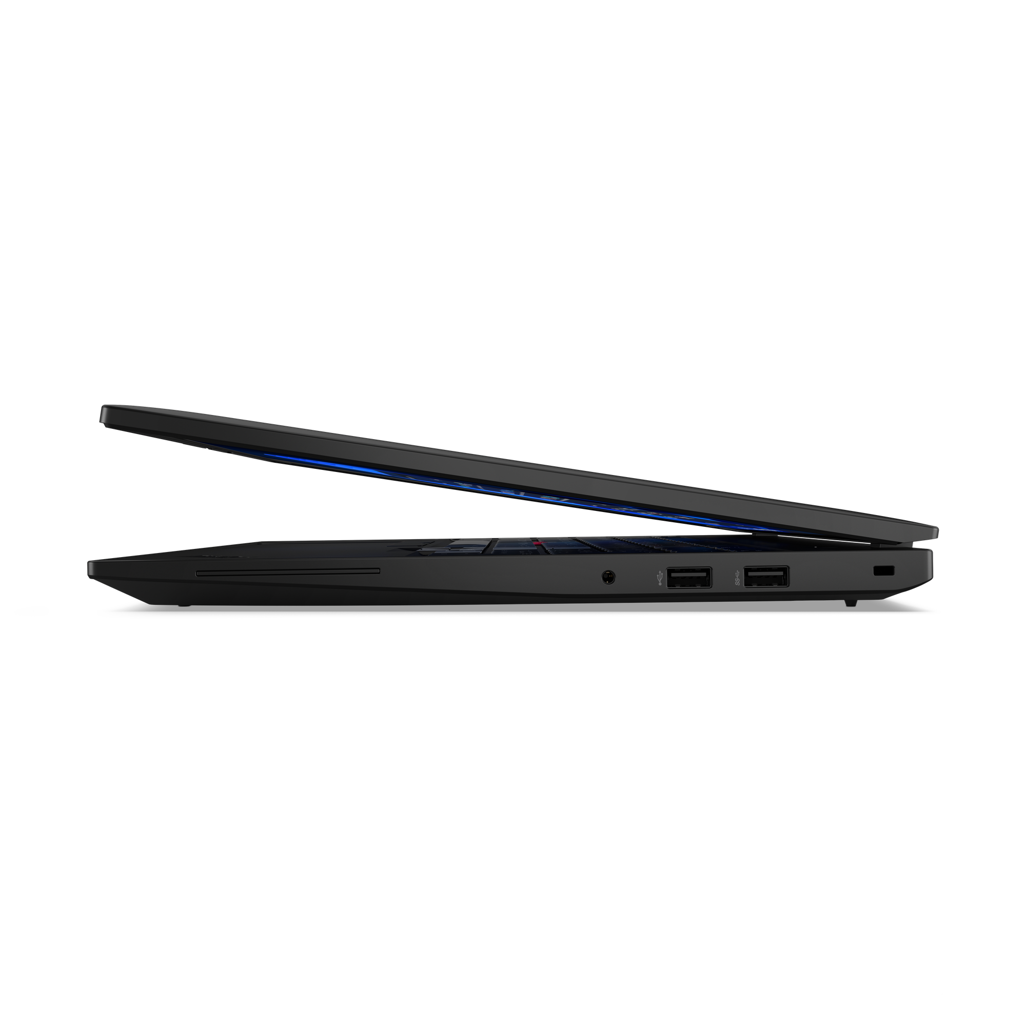 Seitenansicht eines schwarzen Laptops. Der Bildschirm ist leicht geöffnet und zeigt eine blaue Hintergrundbeleuchtung.