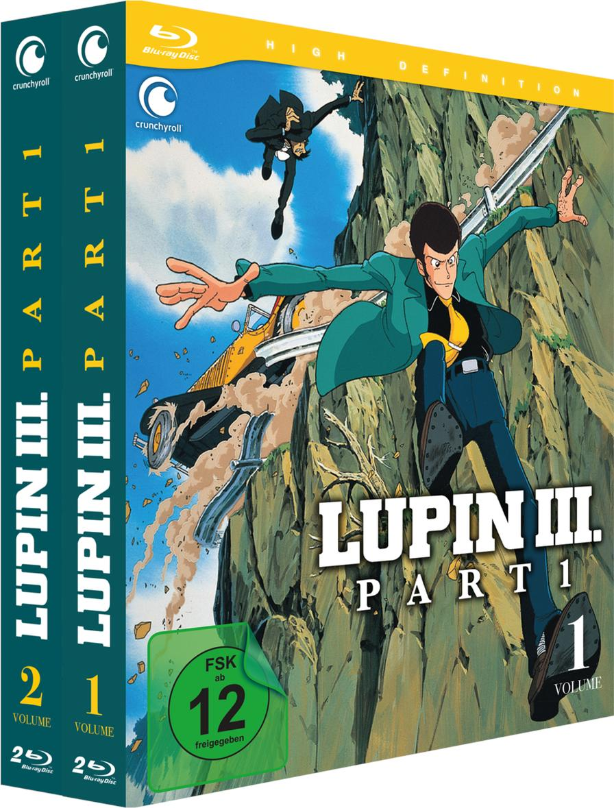 Lupin III. Part 1 Blu-ray-Box-Set. Artwork zeigt Charaktere in Aktion. Ein Auto stürzt an einer Klippe ab. Der Hintergrund ist eine felsige Landschaft.