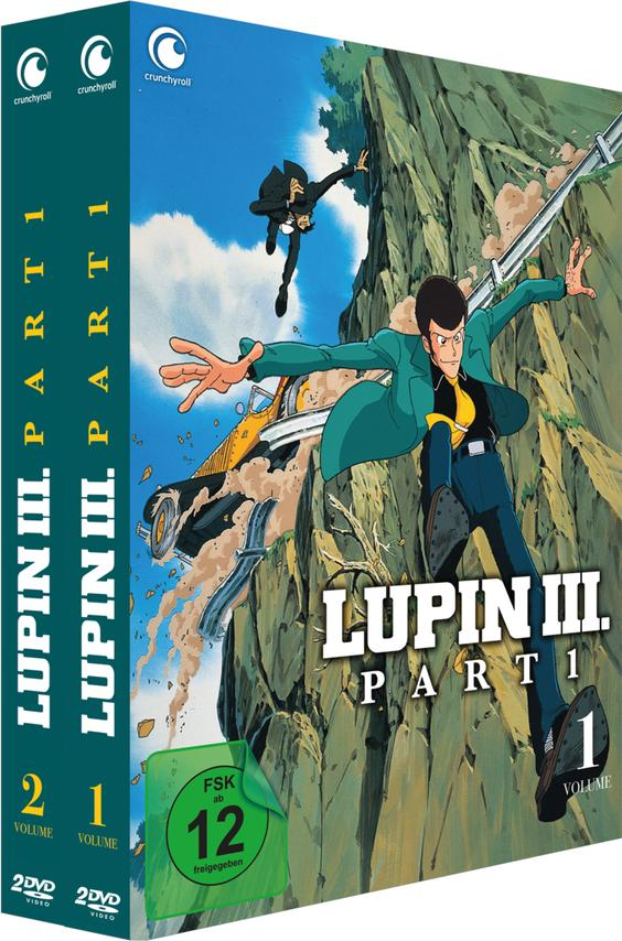 Anime-Cover mit Lupin III-Charakteren. Die Hauptfigur trägt eine grüne Jacke. Ein gelbes Auto stürzt auf einen Berg.