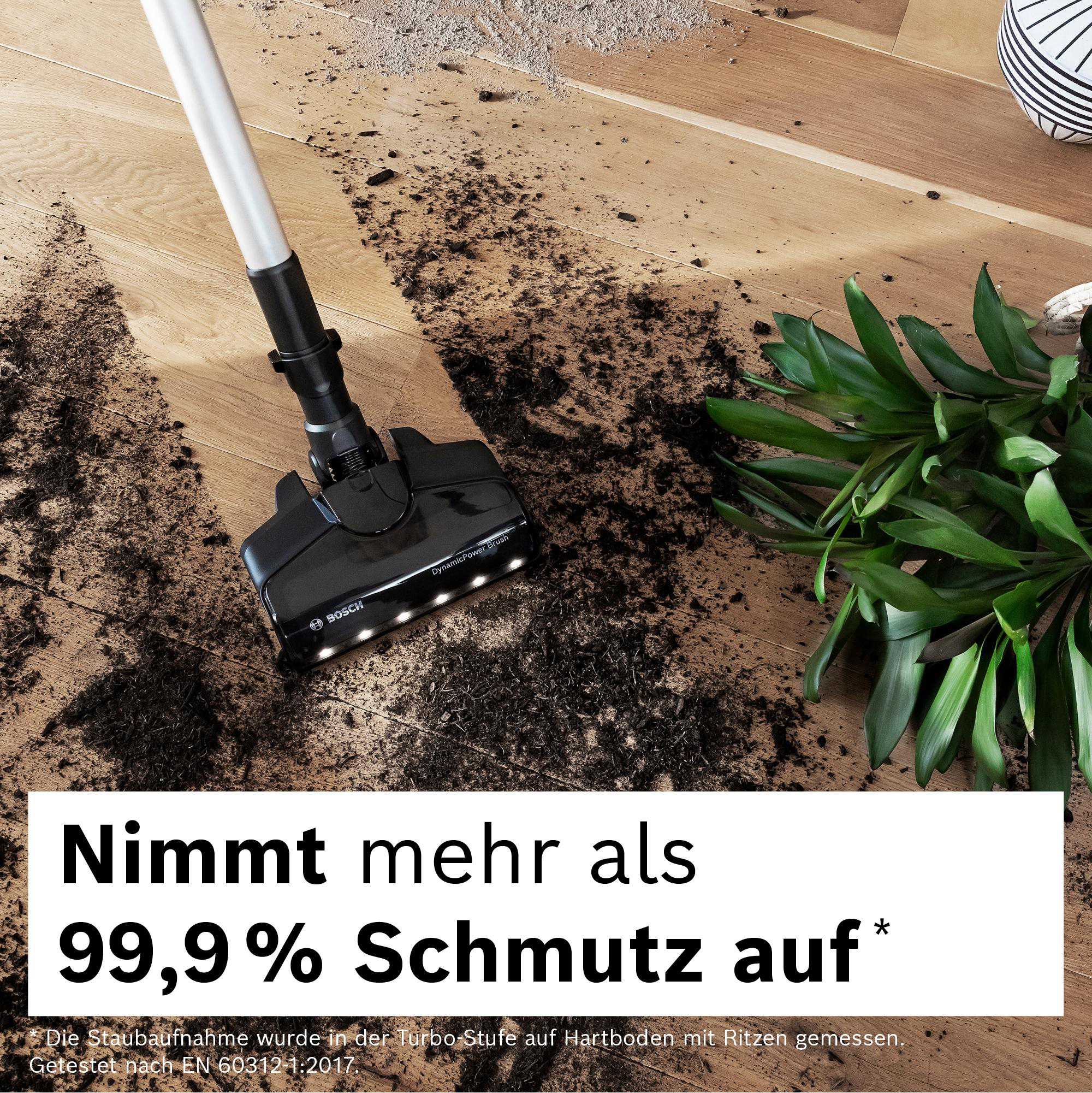 Ein Staubsauger reinigt Schmutz auf einem Holzboden. Eine Pflanze und ein dekorativer Gegenstand befinden sich im Hintergrund.