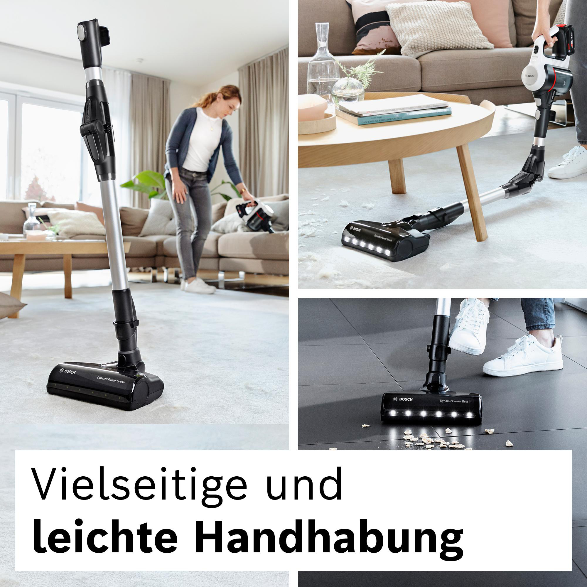 Collage mit einer Frau, die einen Bosch-Staubsauger auf Teppich und Fliesen benutzt. Text: Vielseitig und einfach zu bedienen.