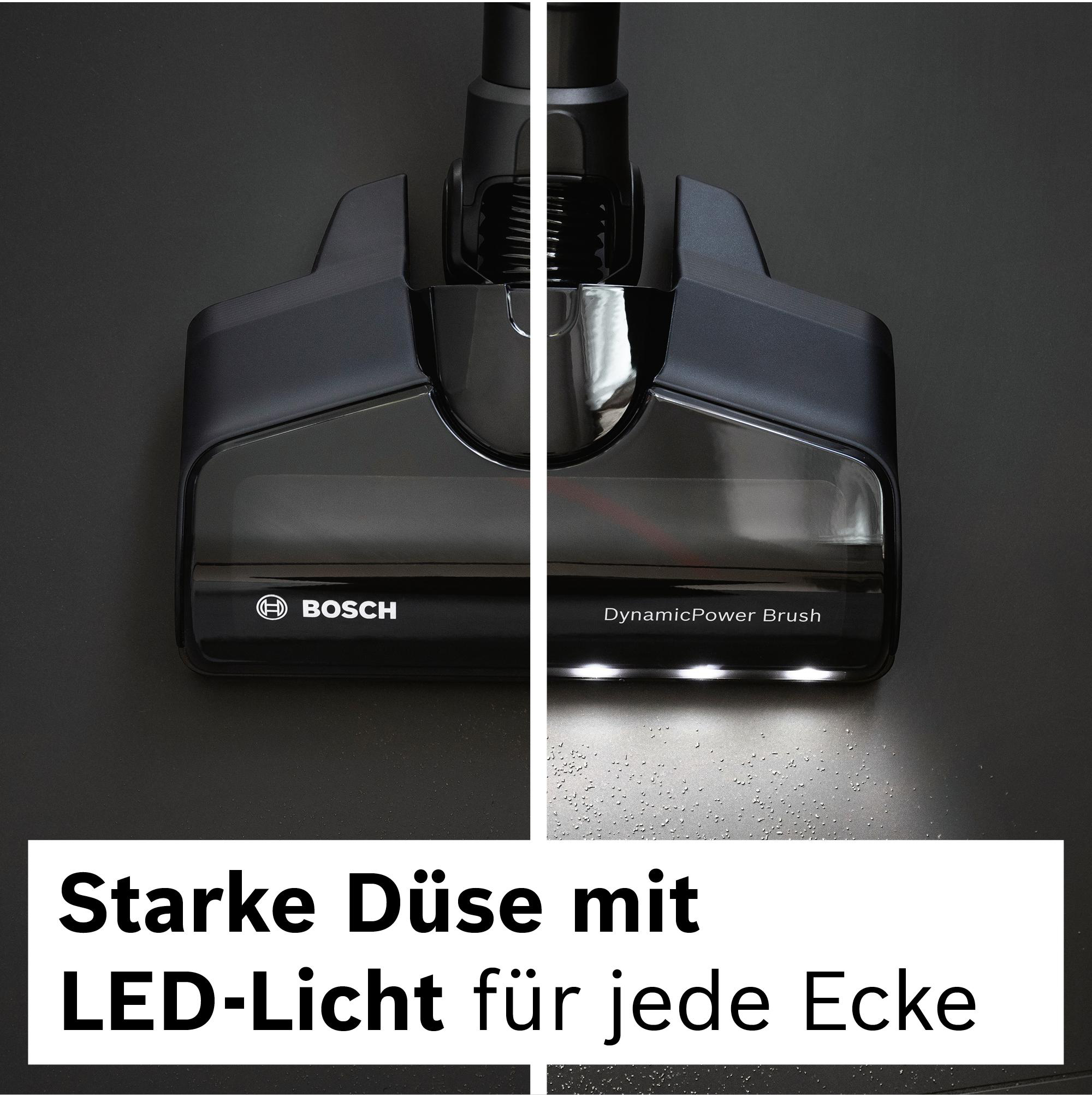 Schwarzer Staubsaugerkopf mit Bosch-Logo und DynamicPower Brush-Text, mit LED-Leuchten und schwarzem Hintergrund.