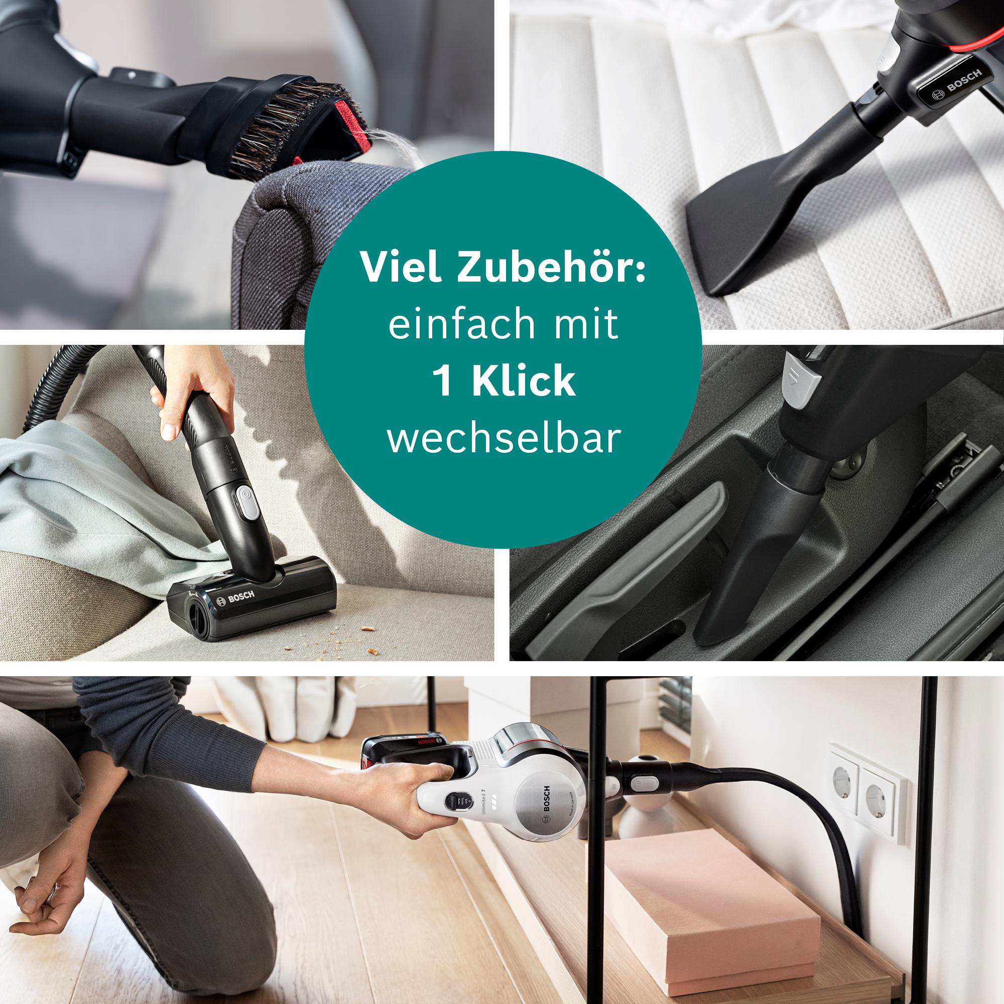 Das Bild zeigt Staubsaugeraufsätze im Einsatz. Text: Einfach mit einem Klick wechseln. Ein Bosch Staubsauger.