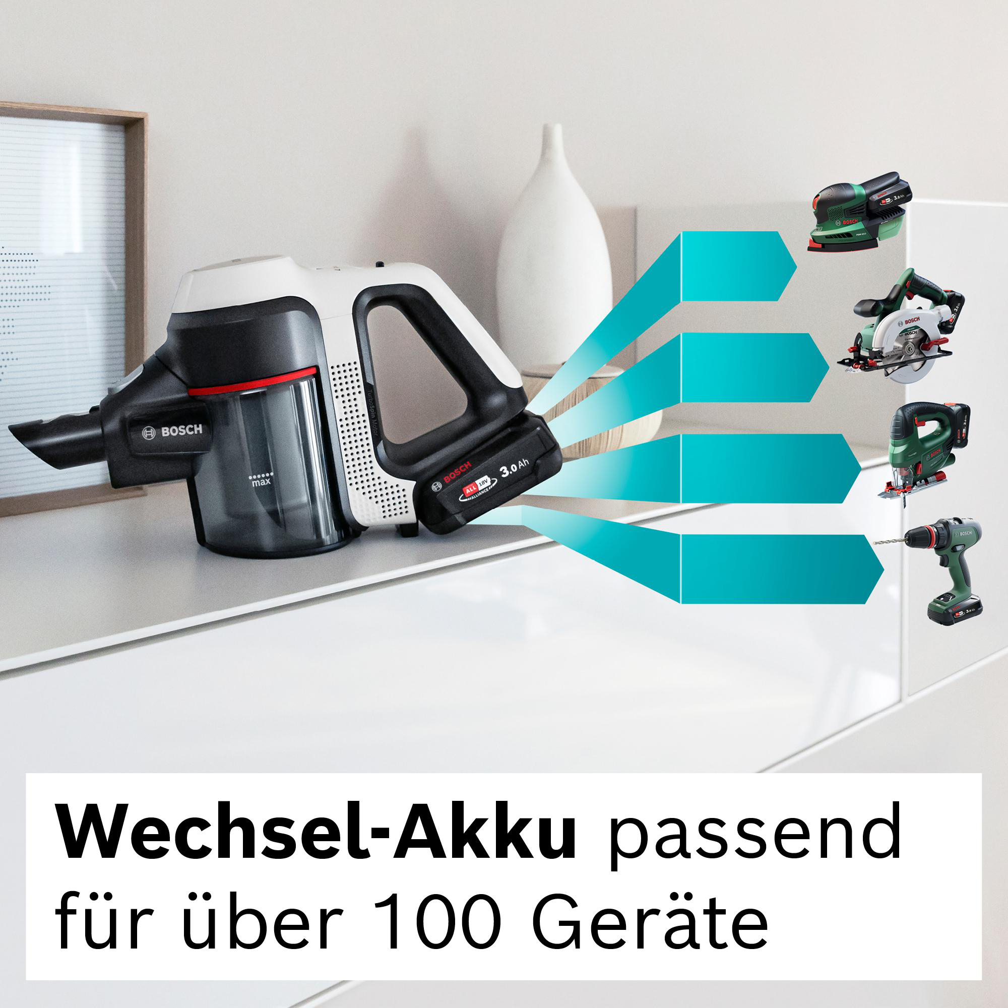 Ein weiß-schwarzer Bosch-Staubsauger mit Akku und mehrere Elektrowerkzeuge. Text: 'Wechsel-Akku für über 100 Geräte'.