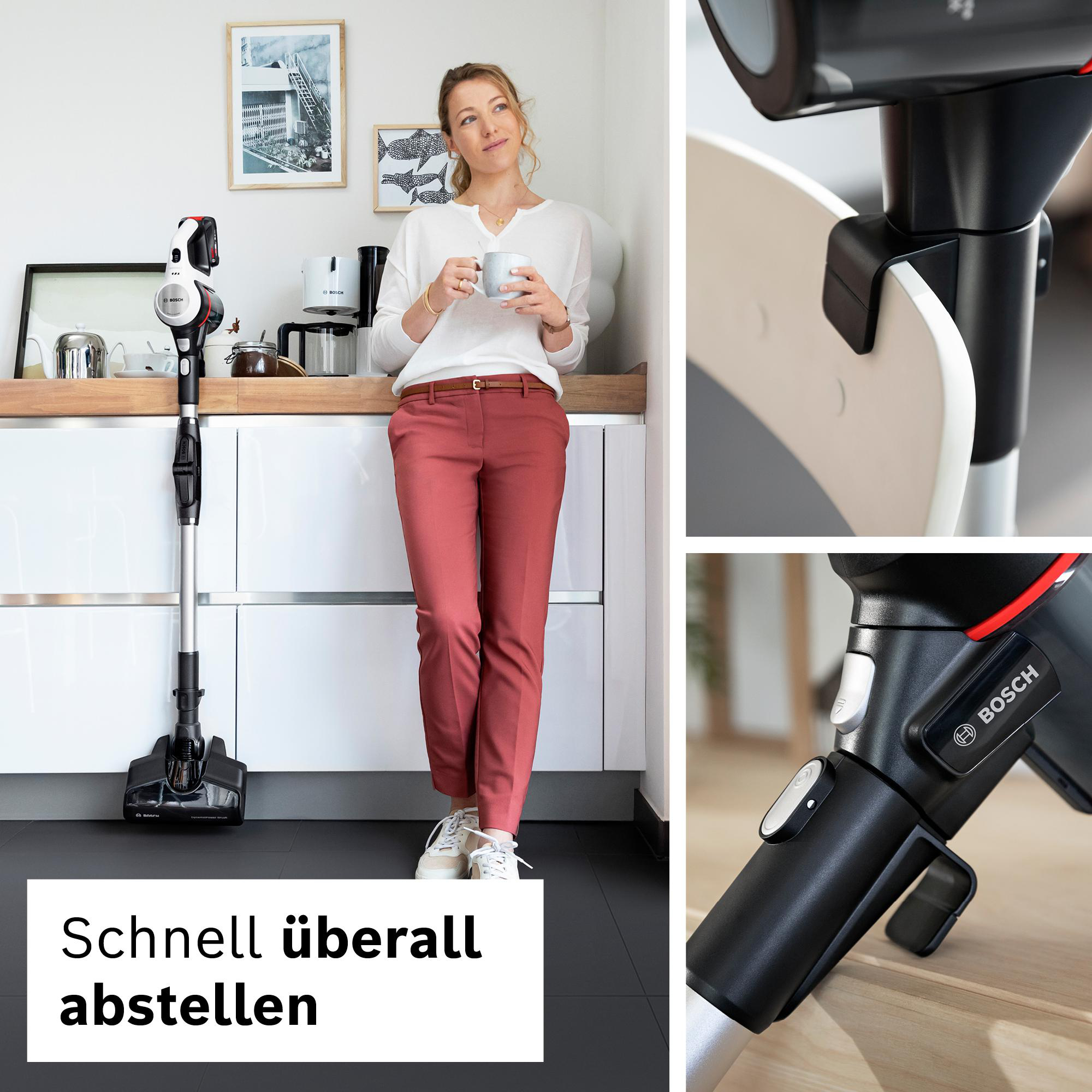 Frau mit Tasse in Küche mit Staubsauger. Text: Schnell überall abstellen.