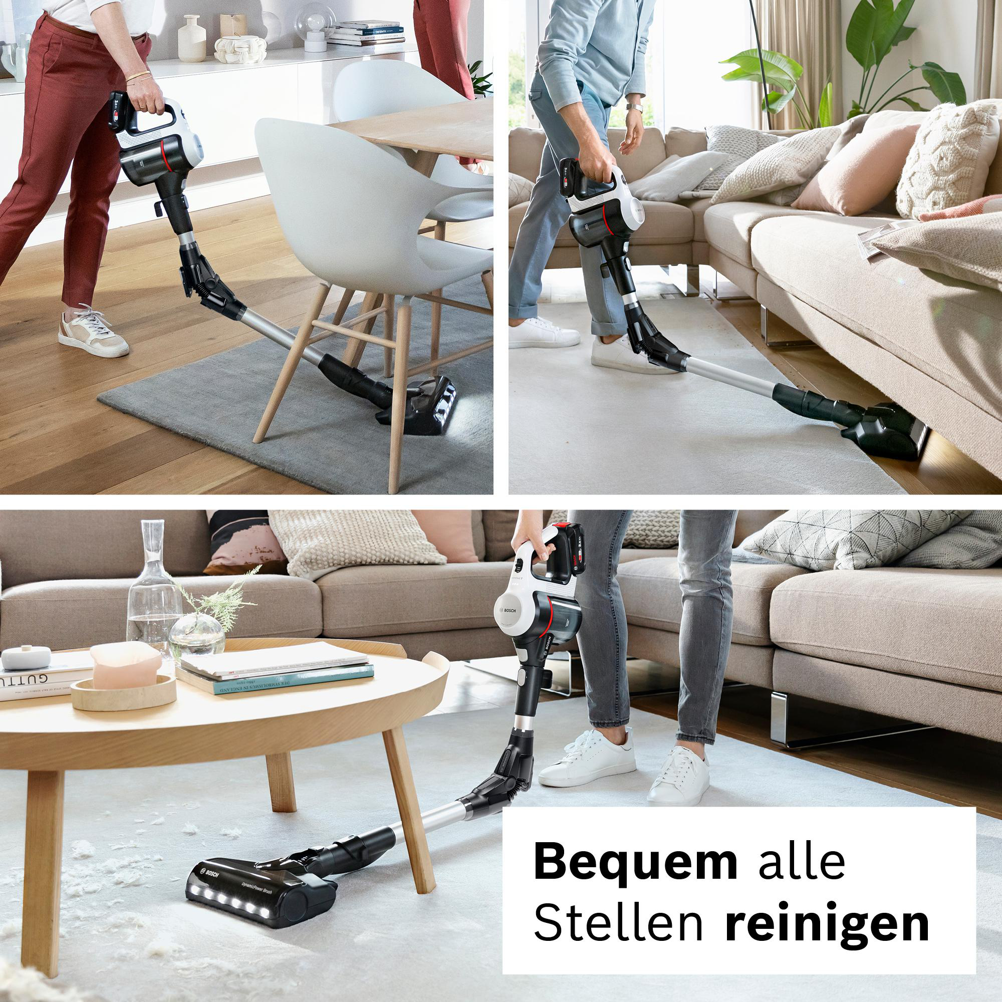 Menschen benutzen einen kabellosen Staubsauger in verschiedenen Innenräumen und reinigen Böden und Möbel.