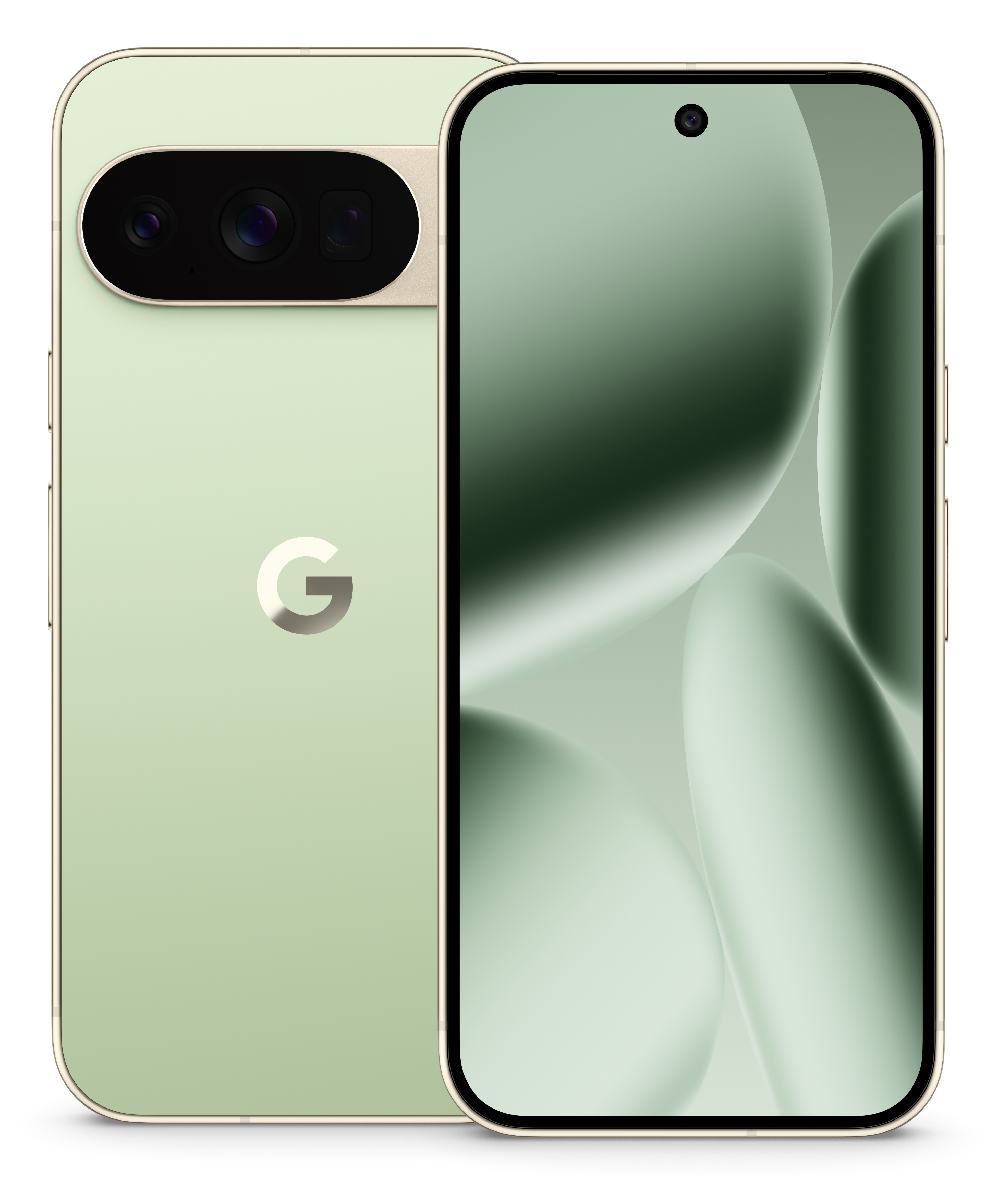 Zwei Smartphones, eines zeigt die Rückseite mit Kameralinsen und Google-Logo, das andere zeigt einen Bildschirm mit abstrakten grünen Formen.