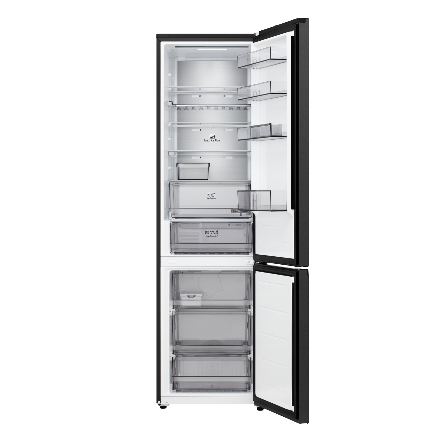 A black refrigerator with both doors open, revealing shelves, drawers, and internal components. The interior is white, and the doors have black frames.