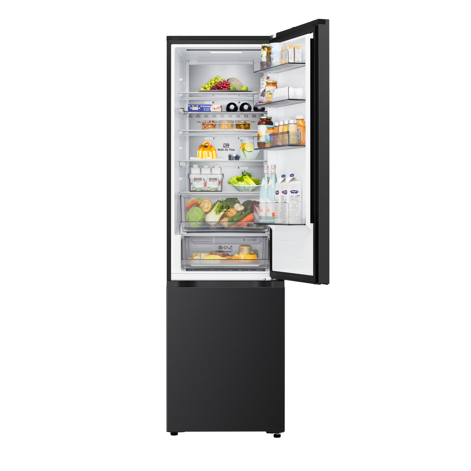 A black refrigerator with its door open, filled with various food items like fruits, vegetables, drinks, and packaged goods, on a white background.
