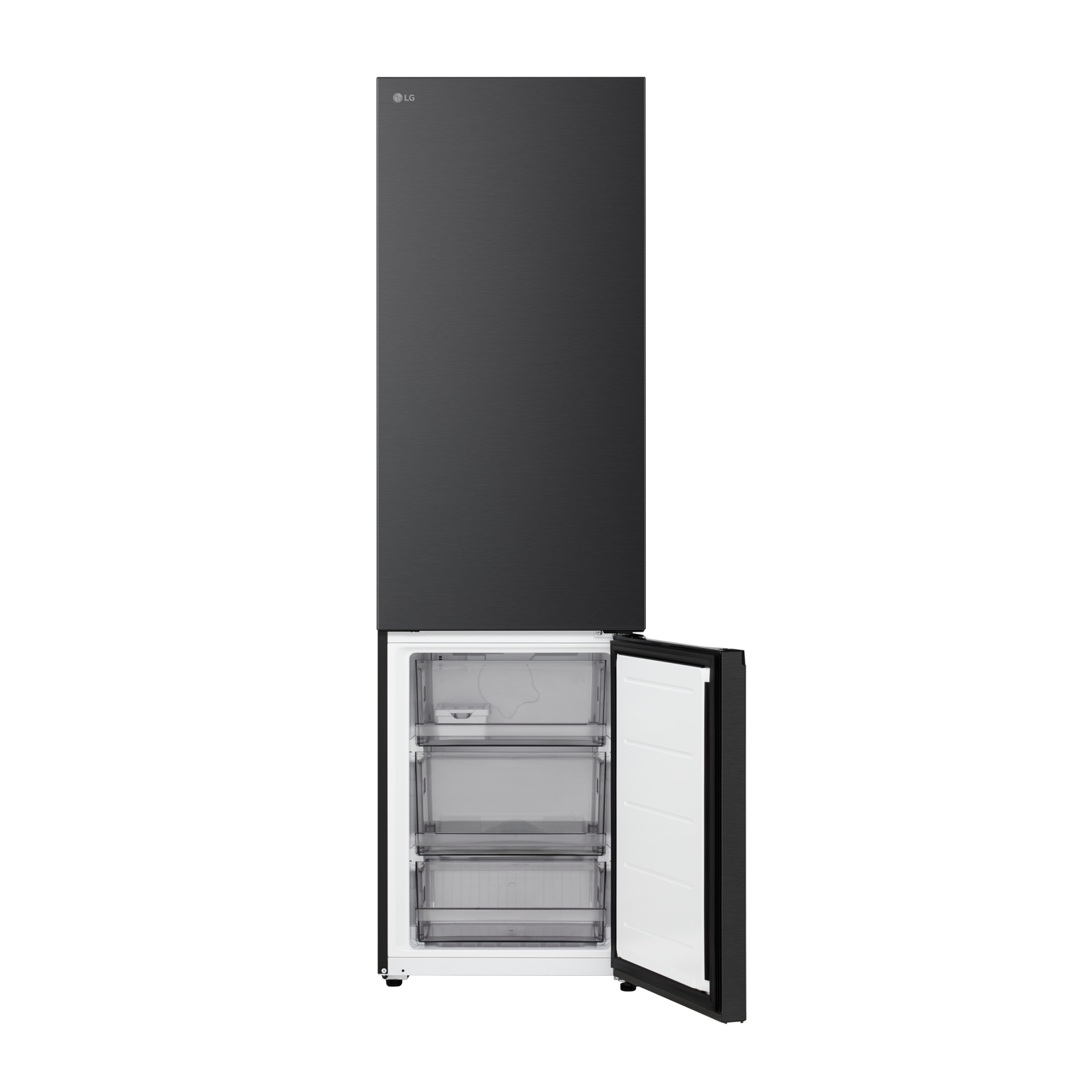 A black LG refrigerator with the freezer door open, showing three drawers. The top part is black, the bottom white.