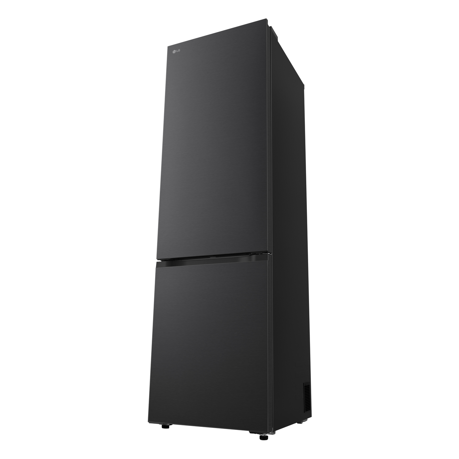 A black LG refrigerator on a white background. It is a bottom-freezer model. The LG logo is visible.