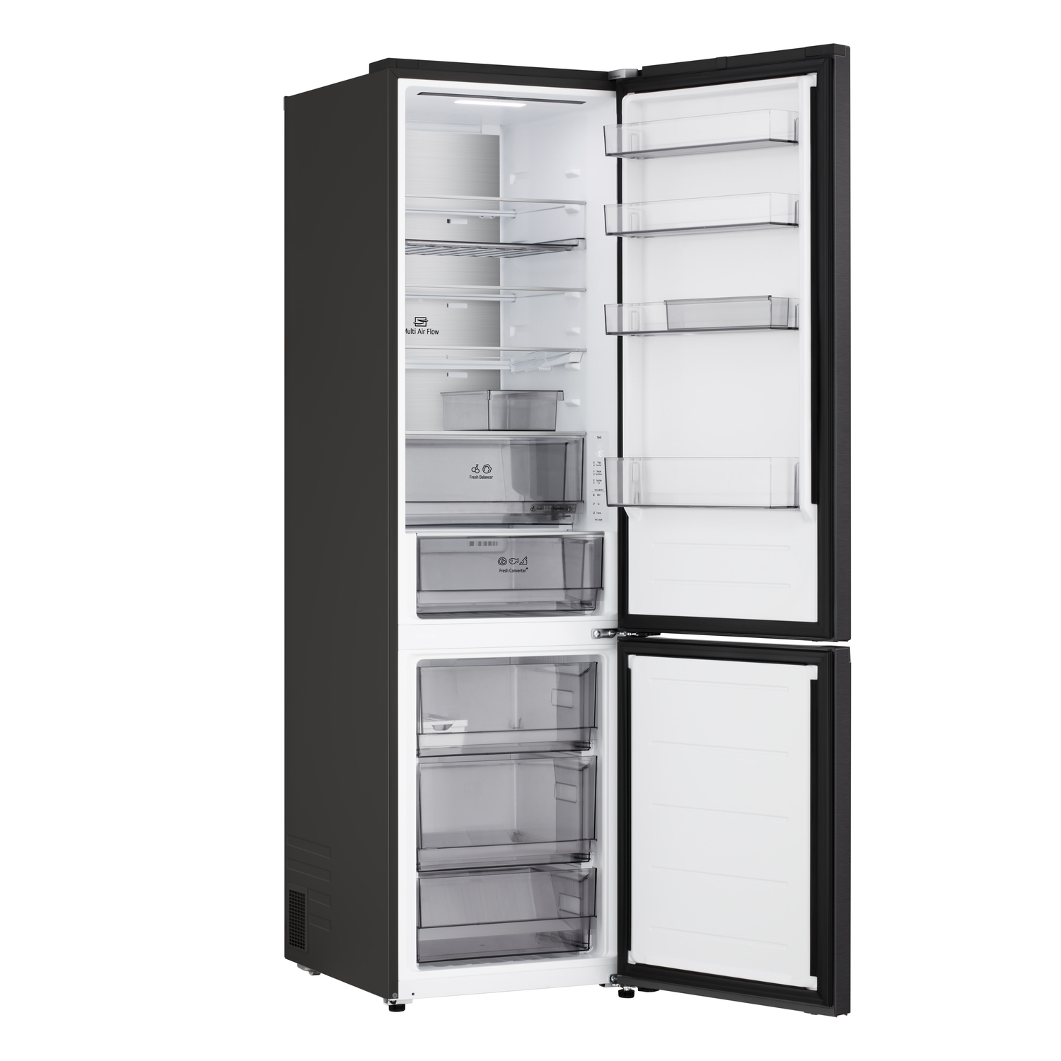 A black refrigerator with open doors. The interior has shelves, drawers, and a white interior. The freezer is at the bottom.