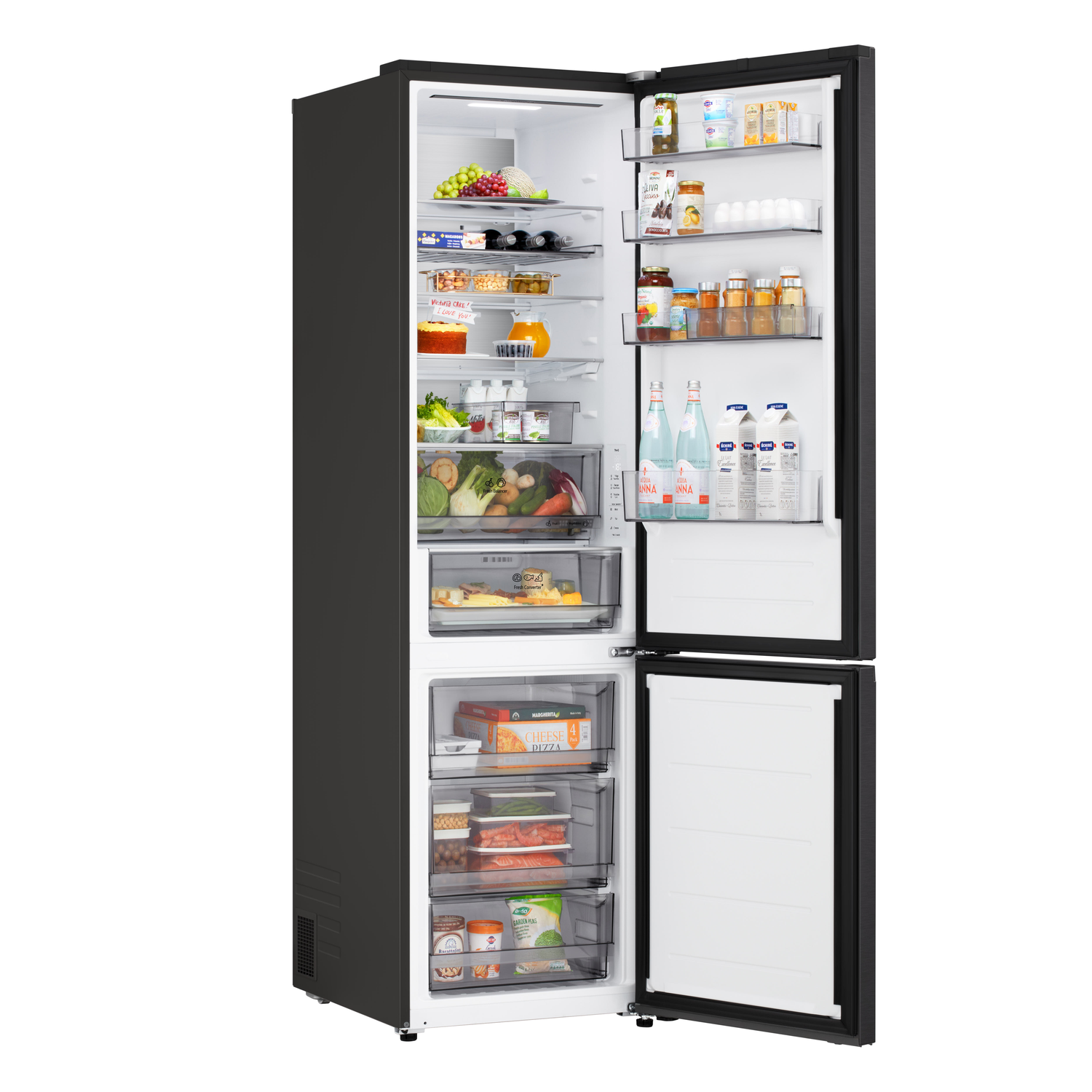 A black refrigerator with open doors shows shelves filled with food items like vegetables, fruits, drinks, and packaged goods.