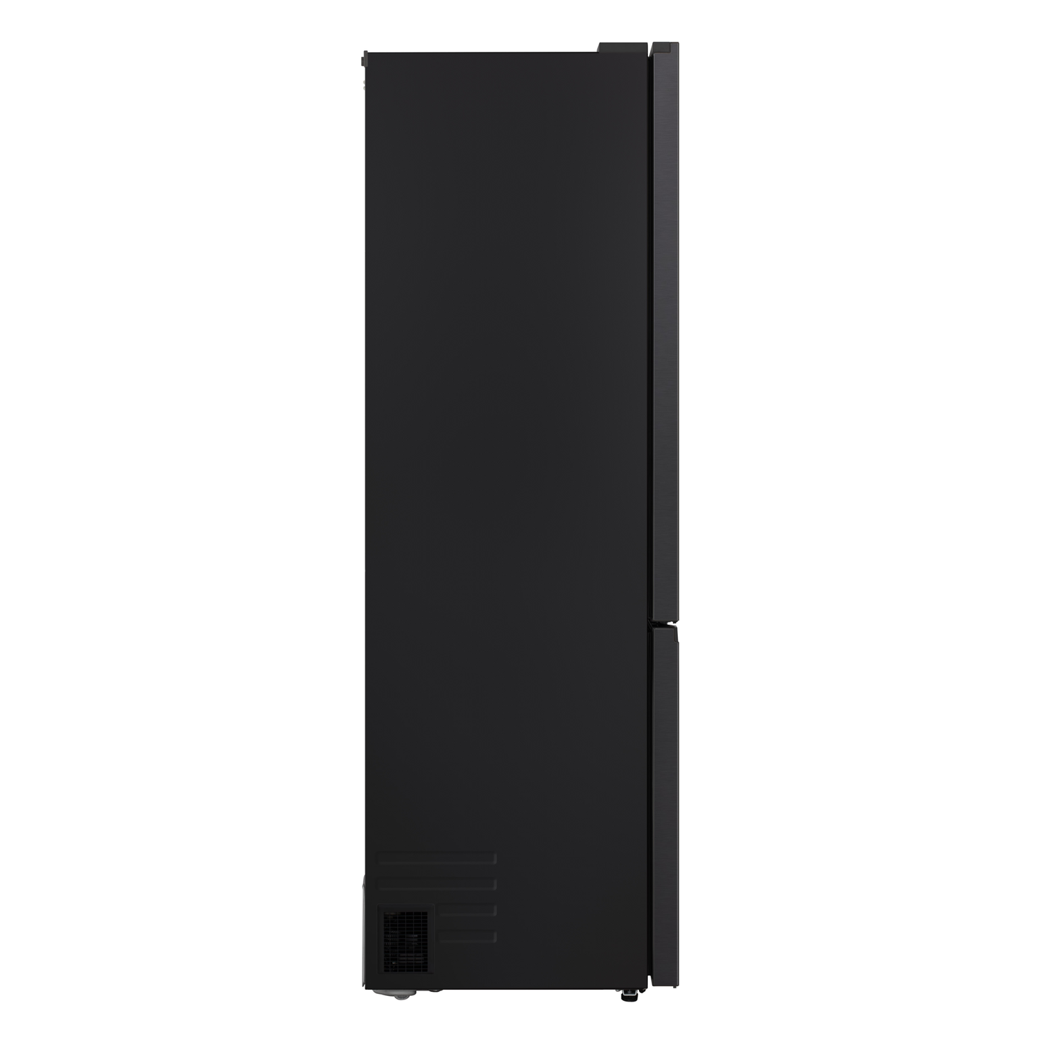 A side view of a black refrigerator. It has a sleek design with a door and a lower section with a vent and small wheels.