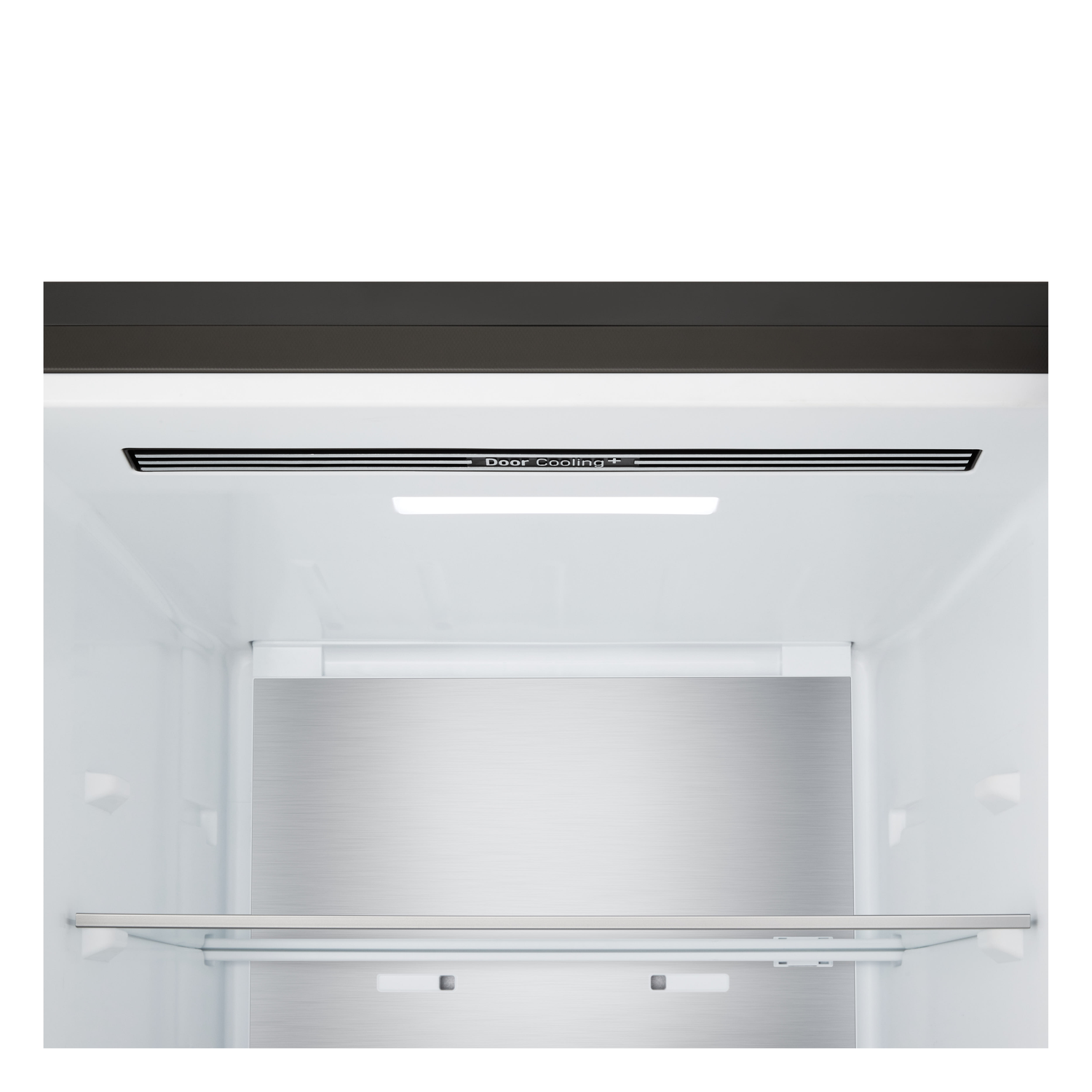 Inside a white refrigerator. A black panel is at the top. Below is a light and a shelf. The back is stainless steel.