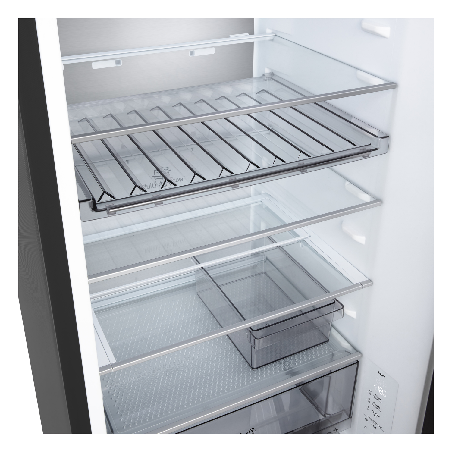 An open refrigerator interior with glass shelves and metal supports. A drawer and a bin are visible. The door is white.
