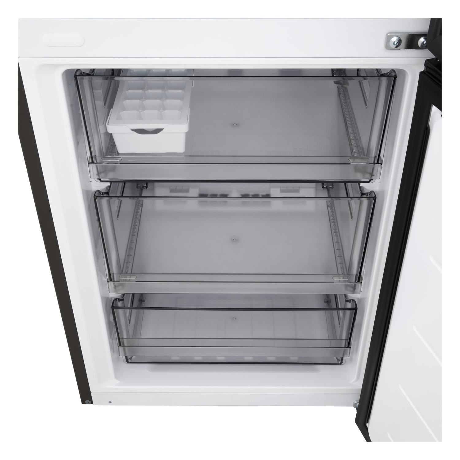 Open freezer with three transparent drawers. Top drawer has ice cube tray. White interior with black edges, door open to the right.