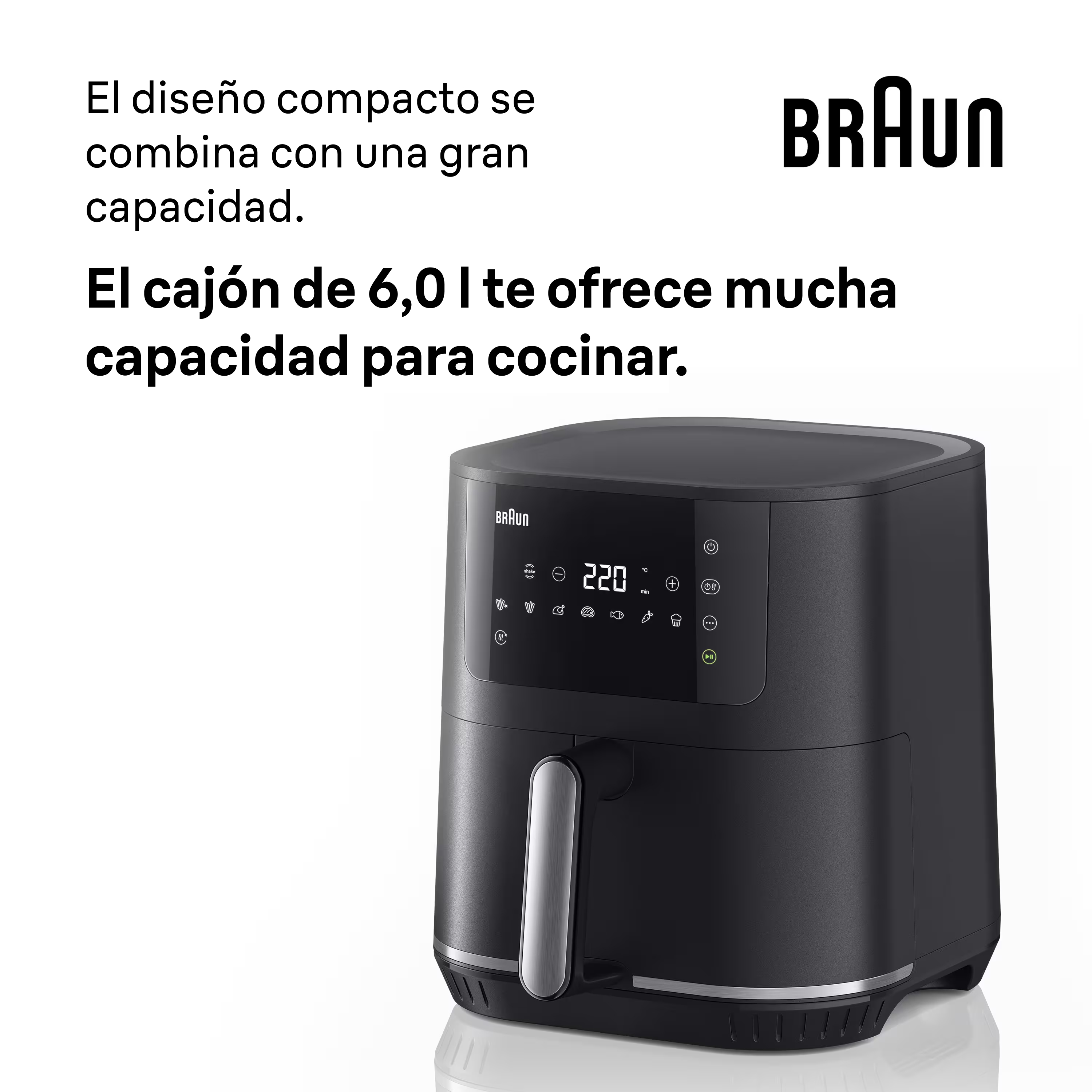 Freidora de aire Braun negra. Tiene una pantalla digital que muestra 220°C. El diseño es compacto con una capacidad de 6,0L.