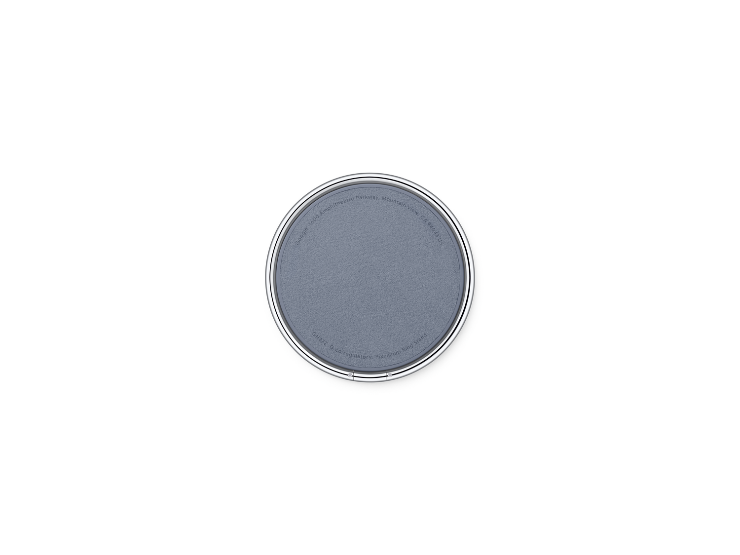 Un soporte circular gris con texto en el borde, sobre un fondo blanco. El texto incluye información de Google y regulatoria.