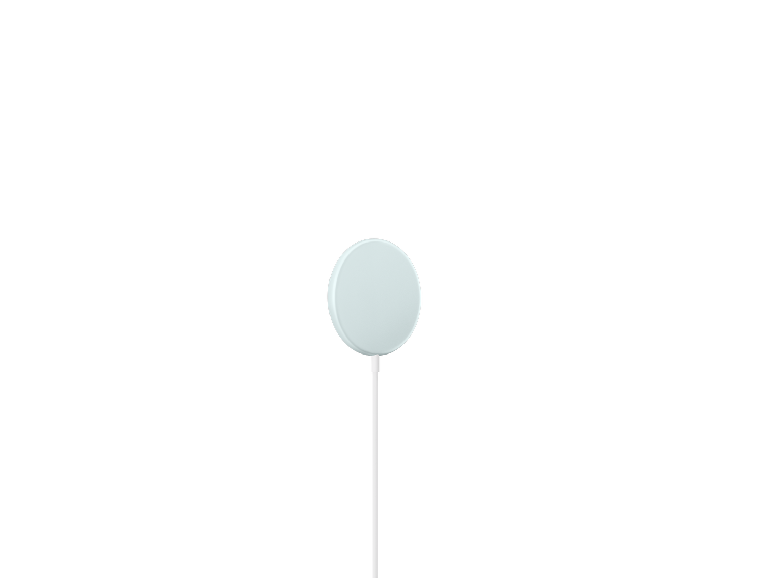 Un cargador inalámbrico circular azul claro descansa sobre un tallo blanco contra un fondo gris. Tiene un diseño limpio y minimalista.