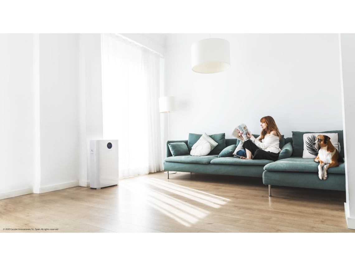 Una mujer lee en un sofá verde azulado con un perro. Un purificador de aire blanco está cerca. La habitación tiene paredes blancas y pisos de madera.