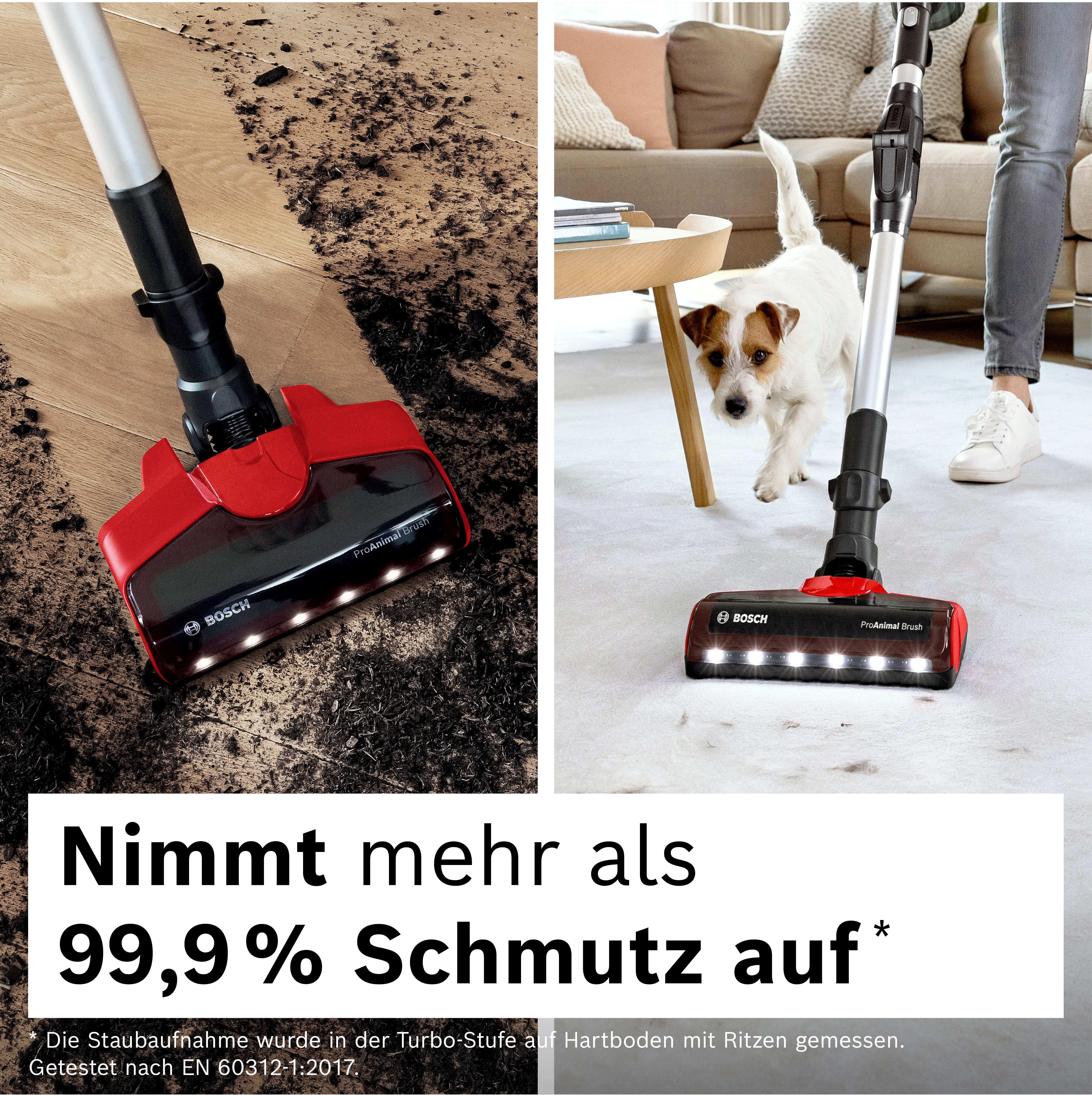 Ein Bosch-Staubsauger reinigt Schmutz auf Holz und Teppich. Im Hintergrund läuft ein Hund. Der Text lautet 'Nimmt mehr als 99,9% Schmutz auf'.