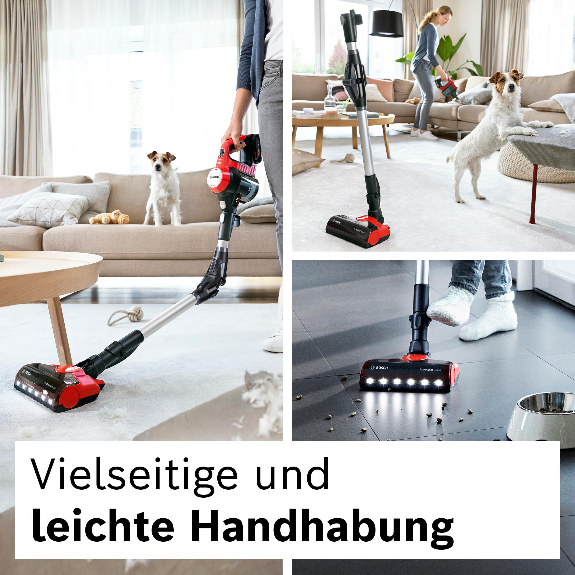 Eine Frau saugt ein Wohnzimmer mit einem Bosch-Staubsauger. Ein Hund und eine Katze sind anwesend. Der Staubsauger hat rote und schwarze Farben.