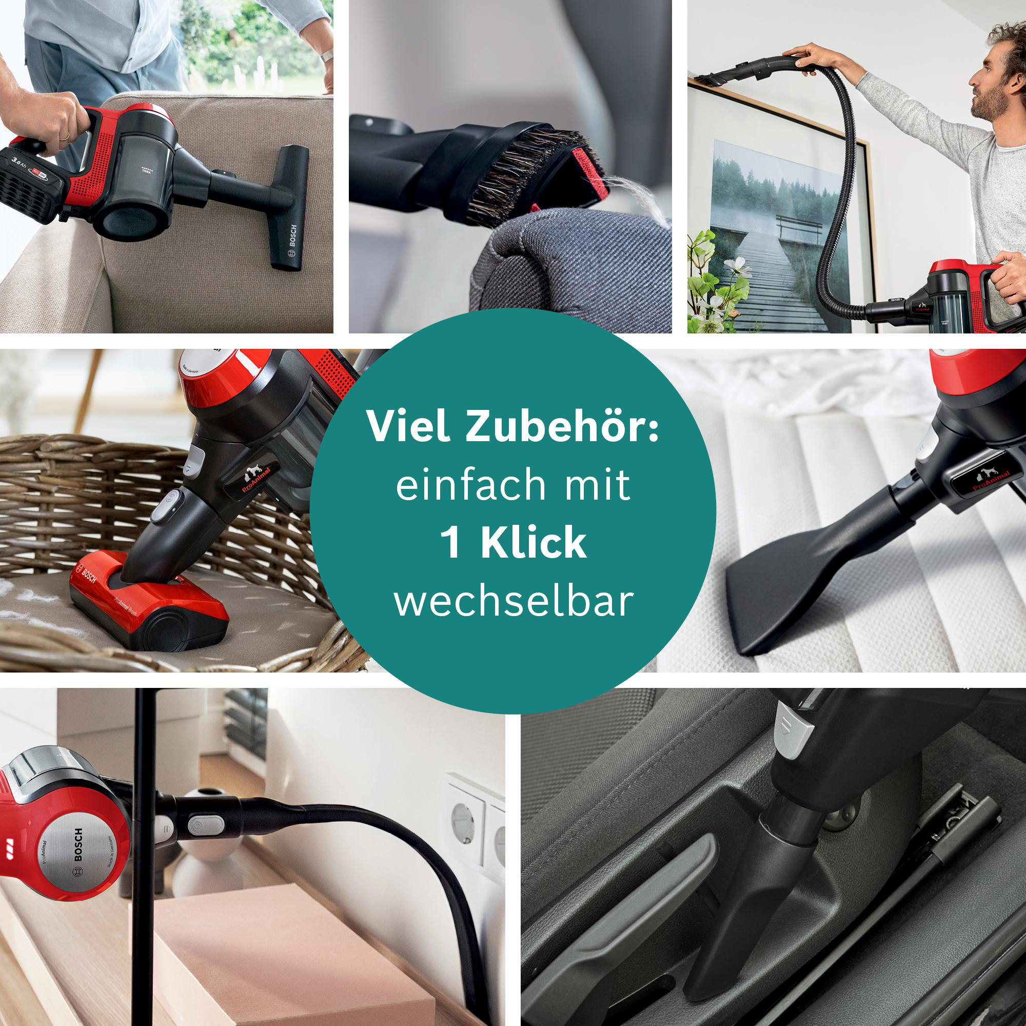 Collage zur Staubsaugeranwendung. Enthält Nahaufnahmen von Aufsätzen und Text: 'Viel Zubehör: einfach mit 1 Klick wechselbar'.