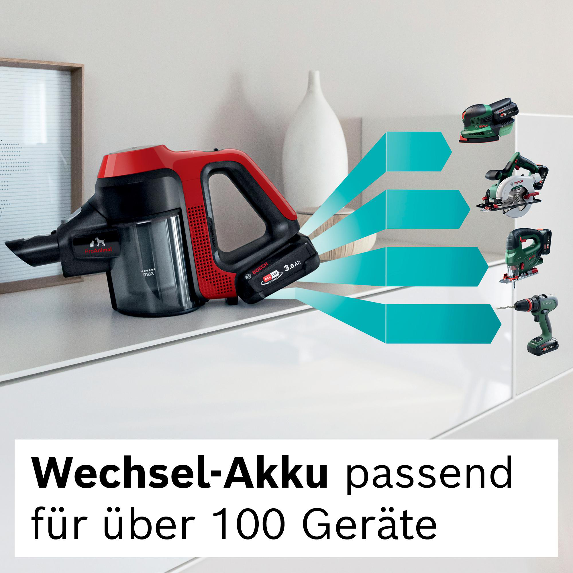Ein roter und schwarzer Akku-Staubsauger mit Akkupack. Das Bild zeigt verschiedene Elektrowerkzeuge, mit denen der Akku funktioniert.