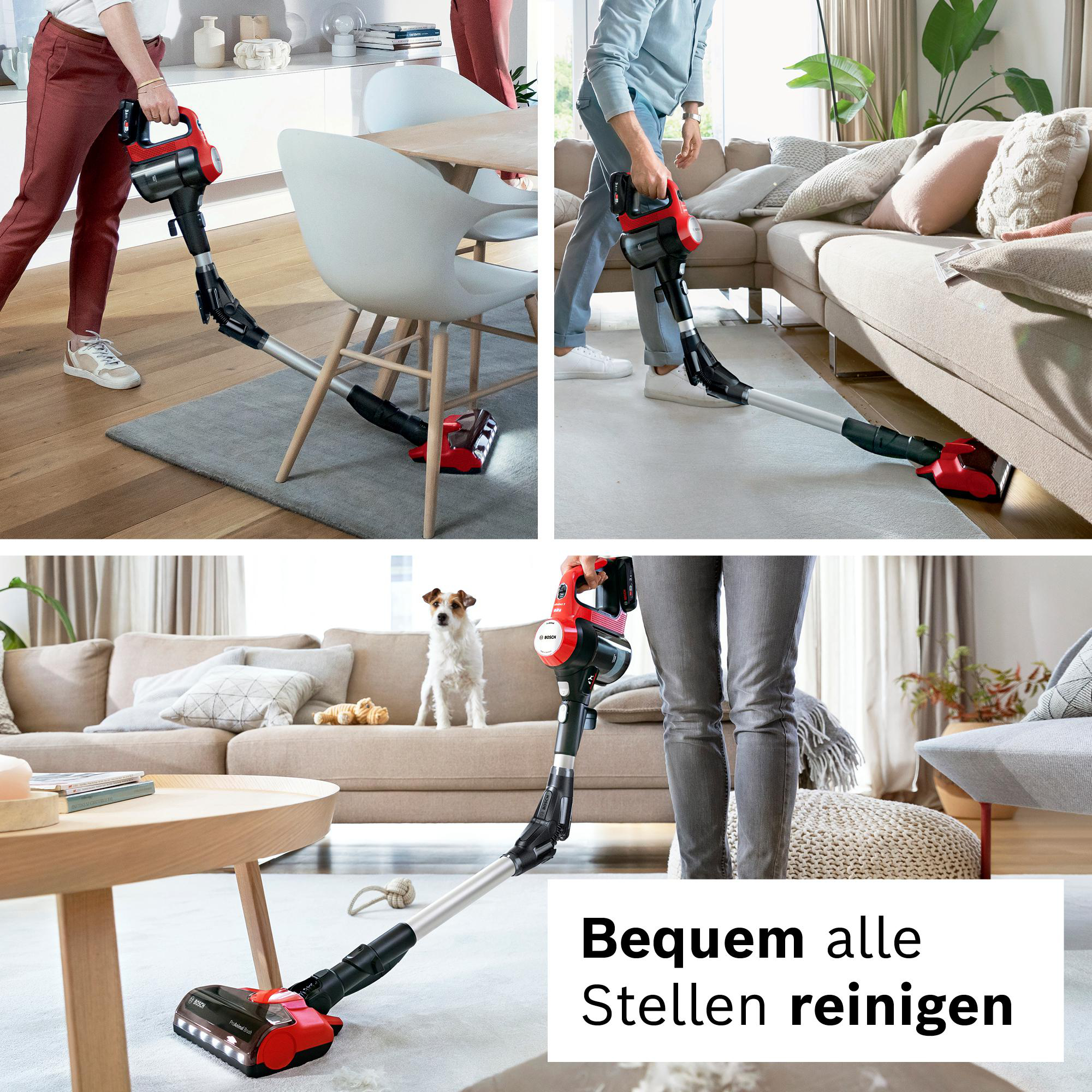 Ein kabelloser Staubsauger wird in verschiedenen Räumen verwendet. Menschen reinigen den Boden. Ein Hund liegt auf dem Sofa.