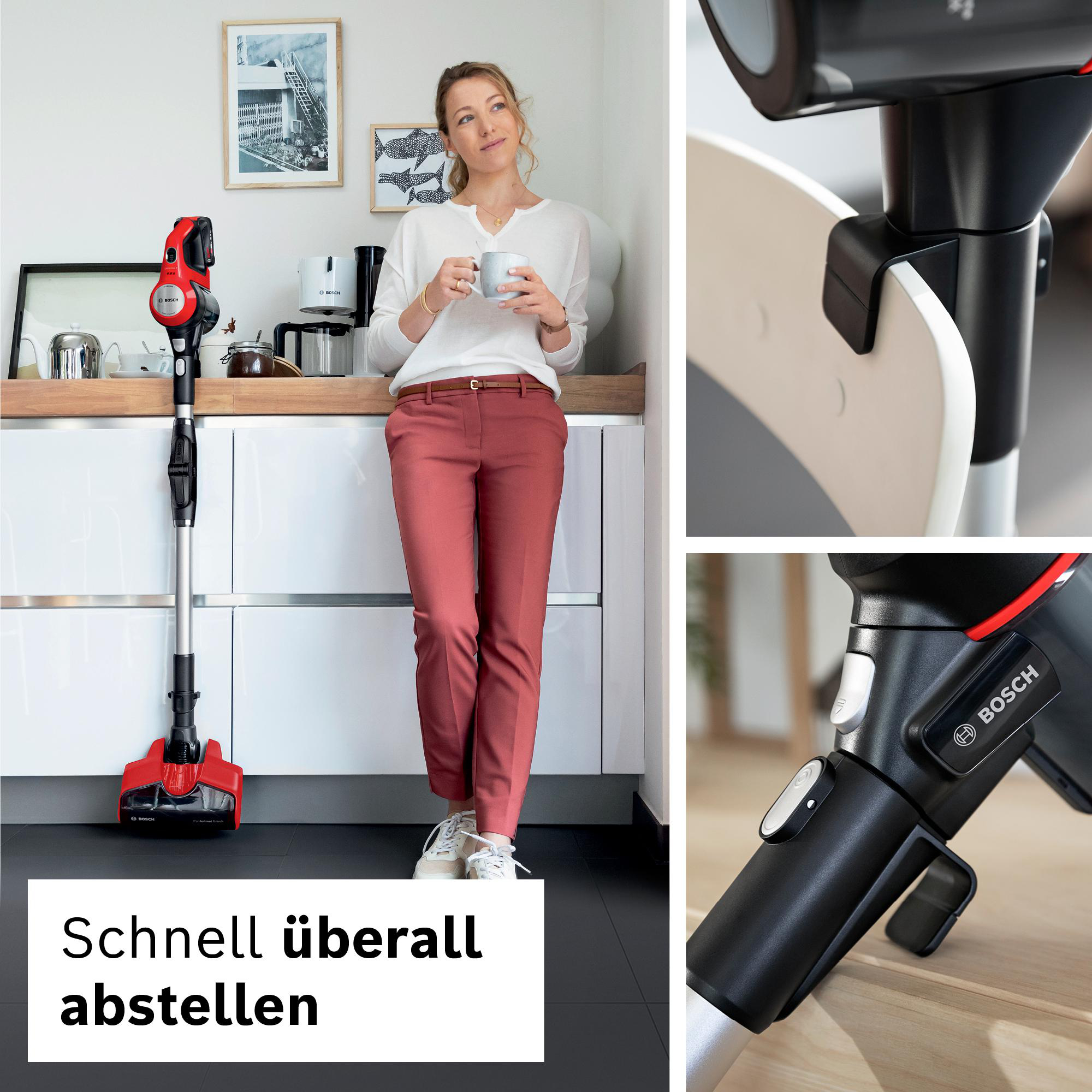 Frau in der Küche mit Staubsauger. Enthält Bosch-Logo, Produktdetails und Text. Der Hintergrund umfasst Schränke und Kunstwerke.