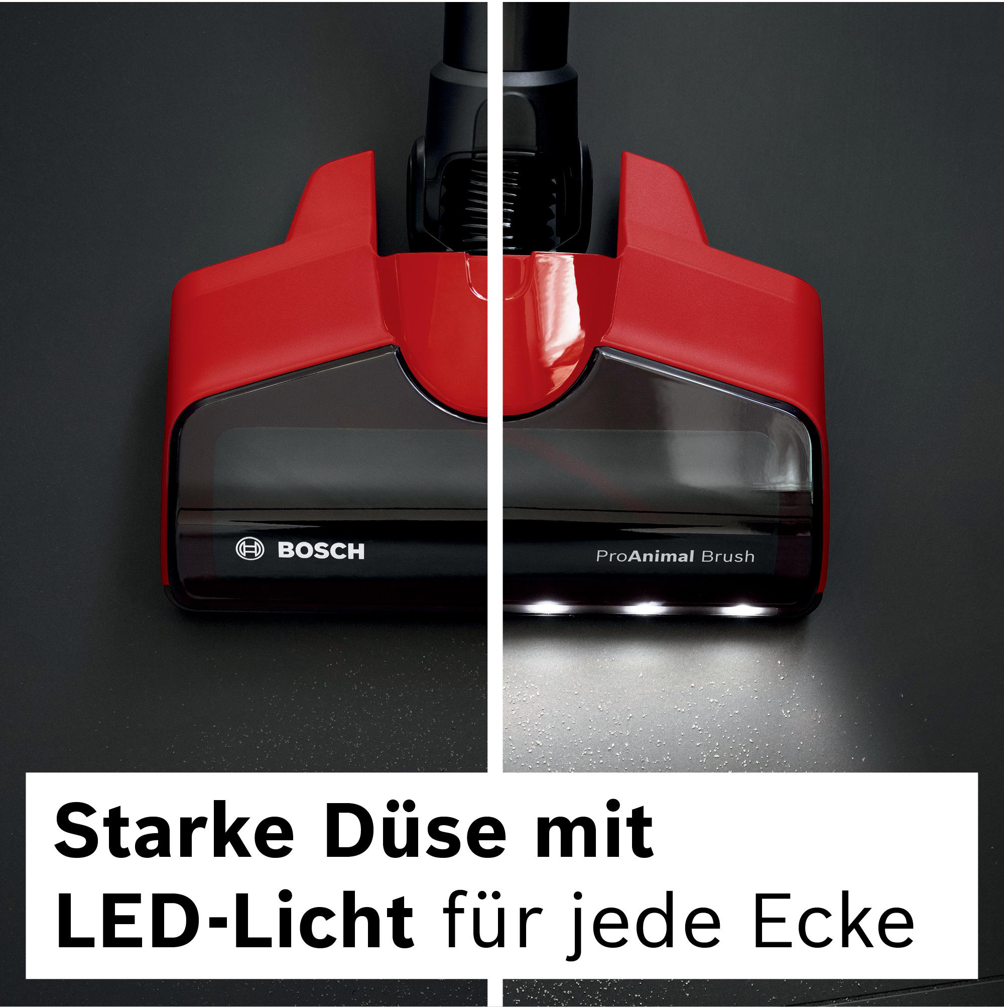 Roter und schwarzer Staubsaugerkopf mit LED-Leuchten. Das Bosch-Logo ist sichtbar. Der Text lautet: "Starke Düse mit LED-Licht für jede Ecke".