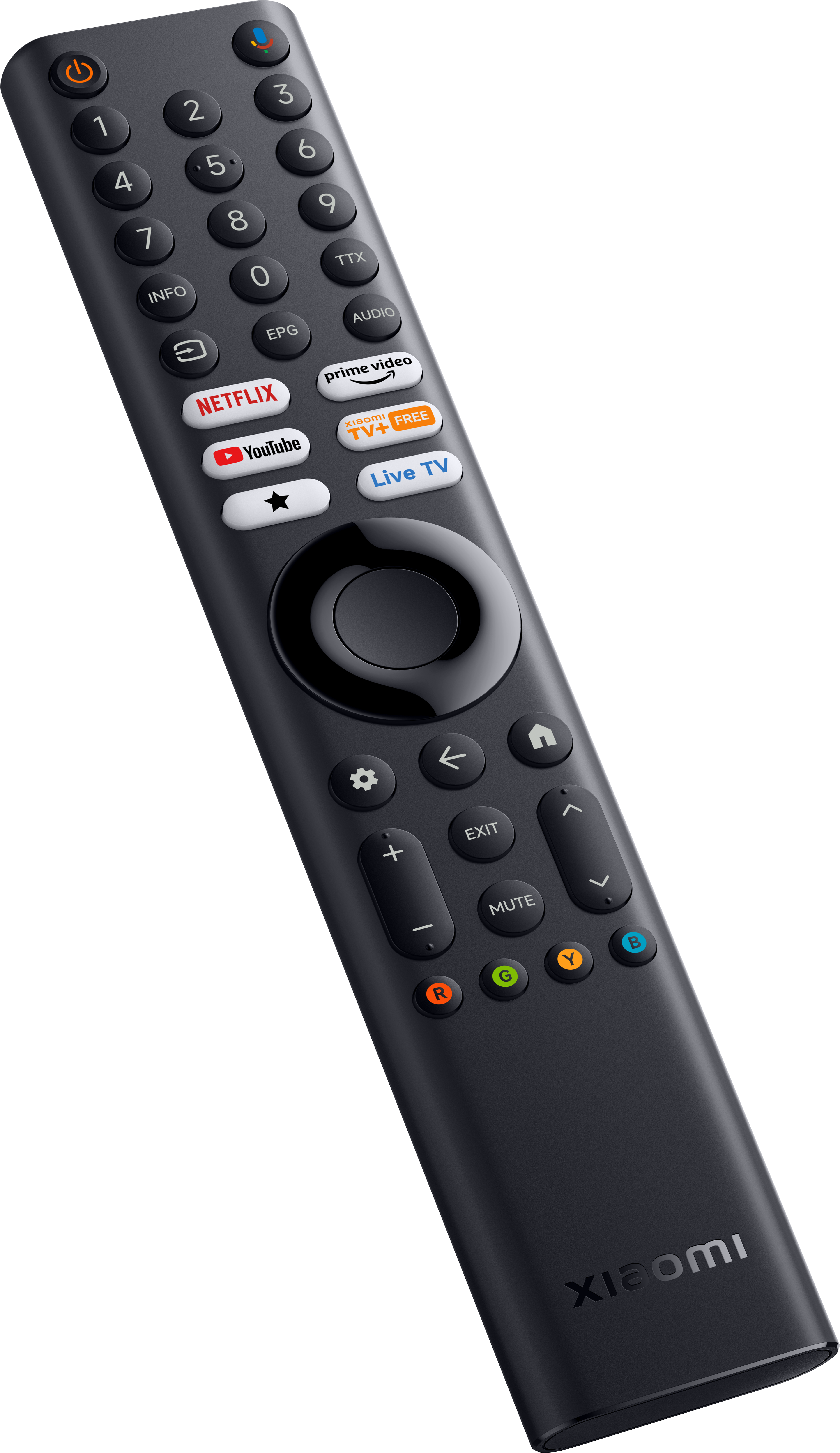 Fekete Xiaomi távirányító számozott gombokkal, streaming szolgáltatások gombjaival, navigációs vezérlőkkel, bekapcsológombbal.