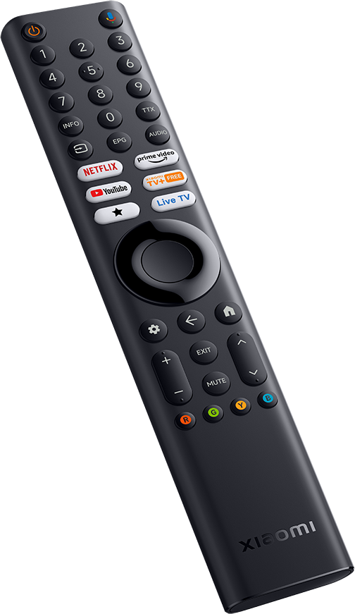 Egy fekete Xiaomi TV távirányító. Sok gomb van rajta, köztük számok, Netflix, YouTube, hangerőszabályzók és egy bekapcsológomb.