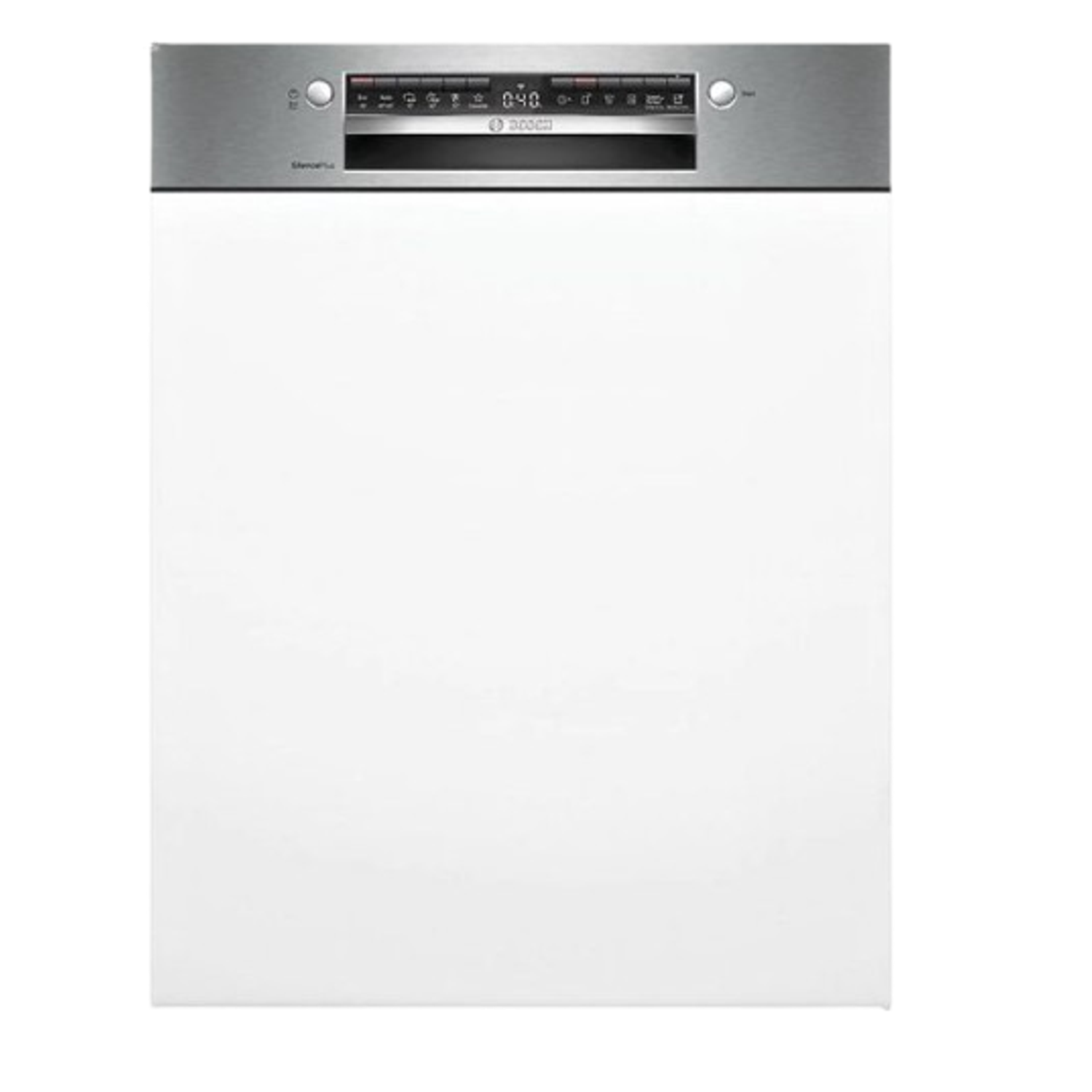 Un lave-vaisselle blanc avec un panneau de commande en acier inoxydable affichant les réglages et une minuterie. La marque Bosch est visible.