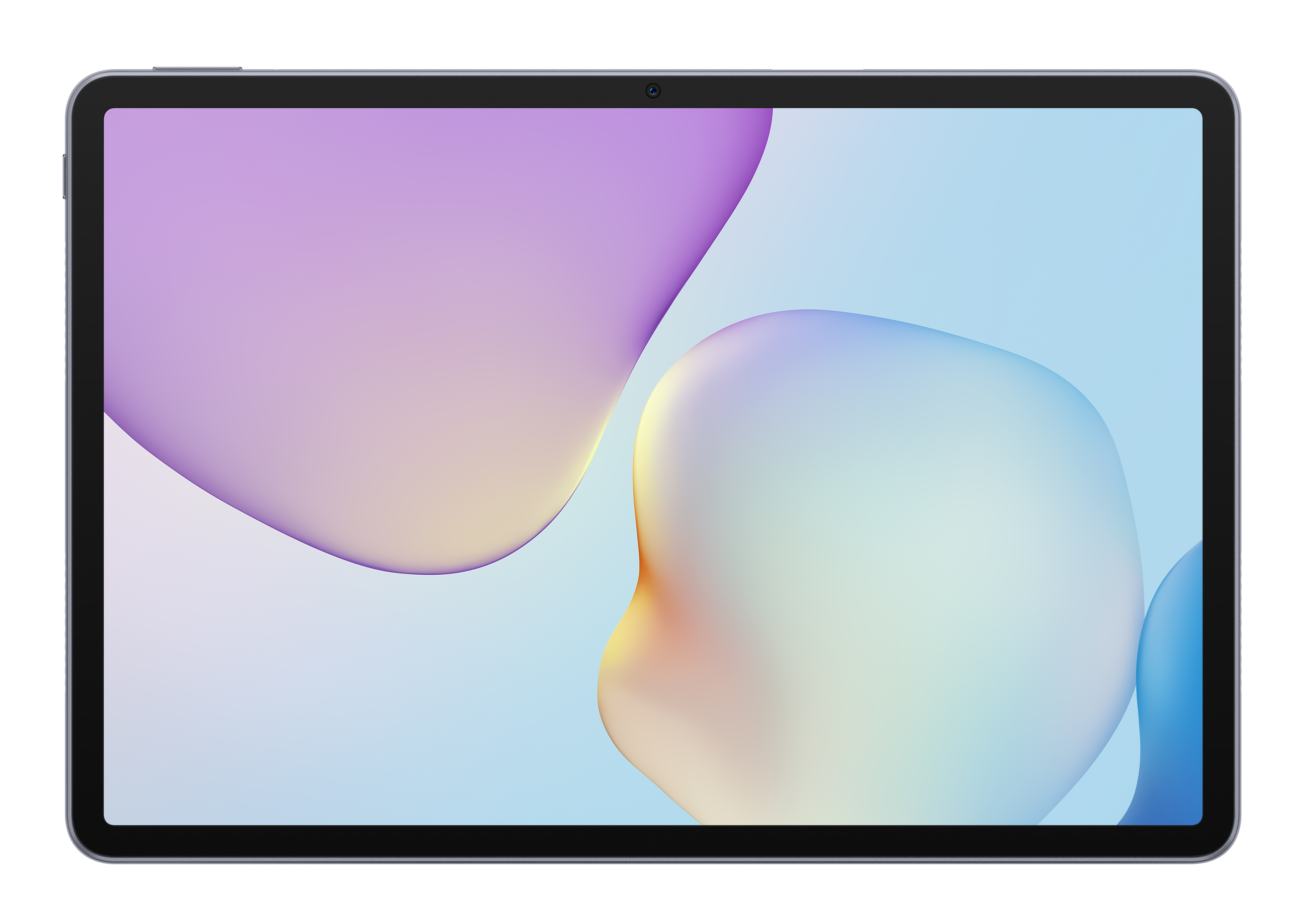 Tablet z kolorowym, abstrakcyjnym tłem. Ma czarną ramkę i przedni aparat.
