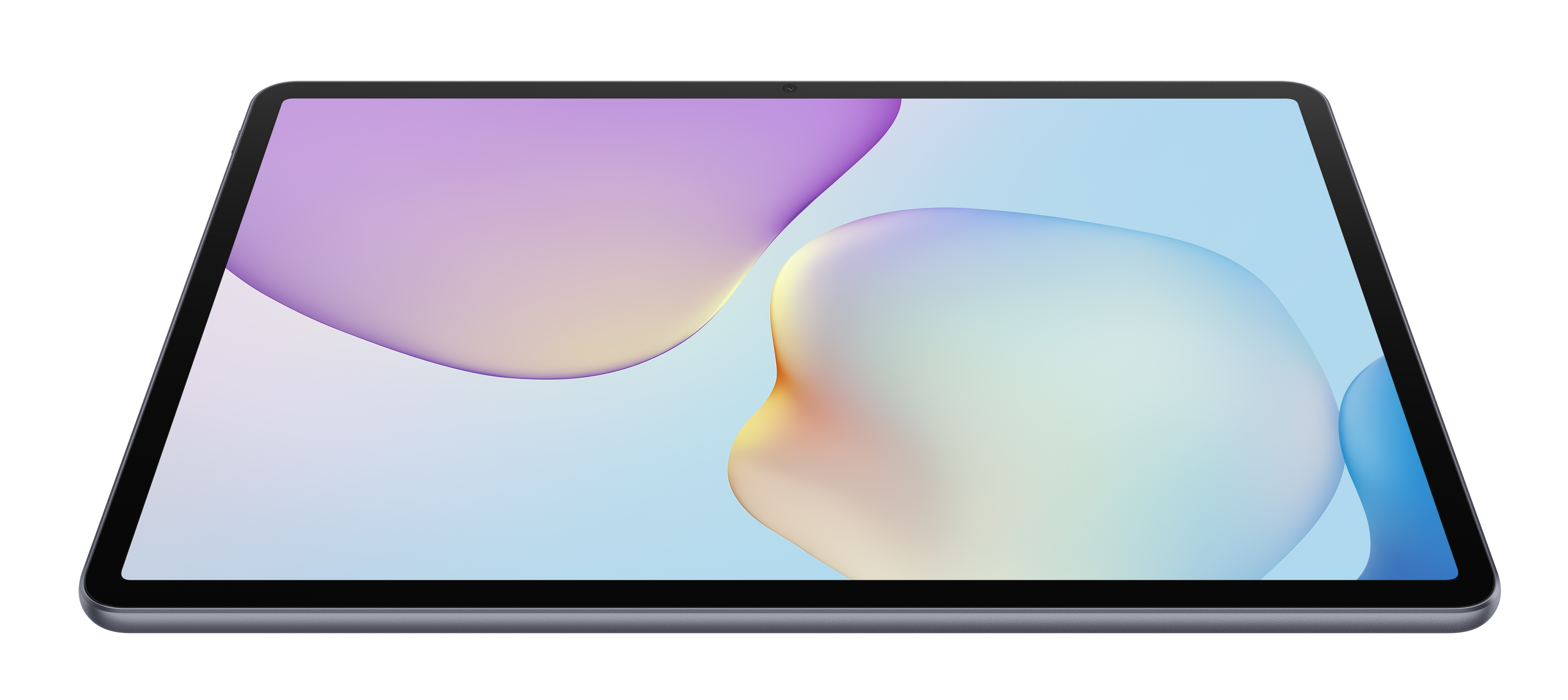 Tablet z żywym ekranem wyświetlającym abstrakcyjne kształty w kolorze fioletowym, żółtym i niebieskim na białym tle.