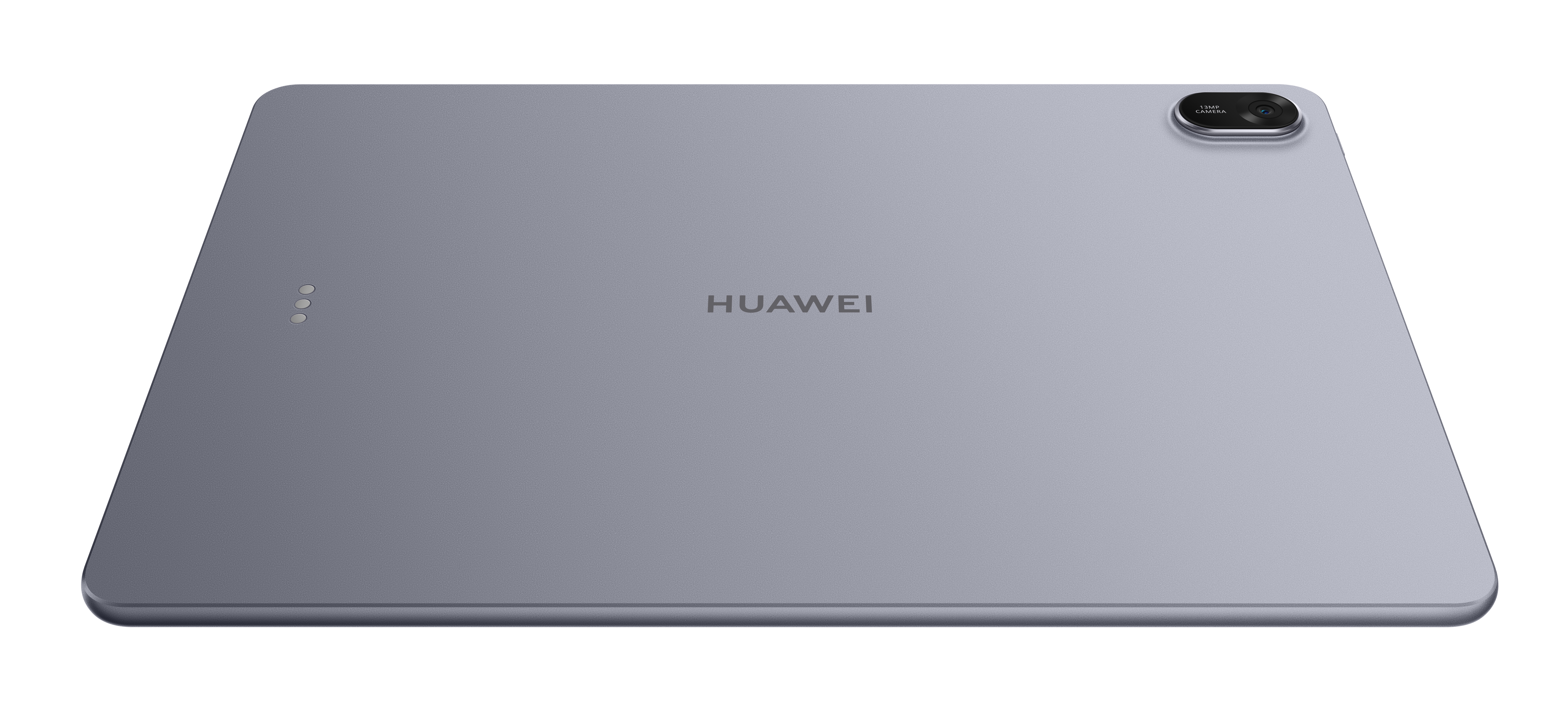 Szary tył tabletu Huawei z logo. Aparat w prawym górnym rogu. Trzy kropki w lewym górnym rogu.