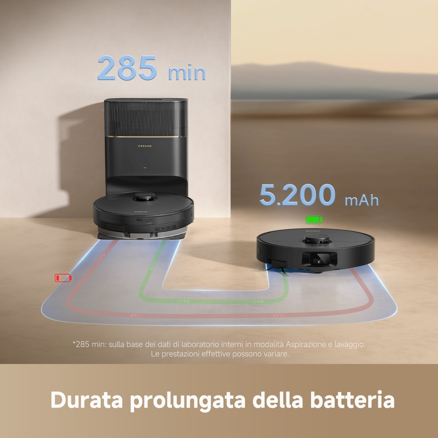 Immagine di un robot aspirapolvere nero e stazione di ricarica. Il testo evidenzia la durata della batteria: 285 min, 5.200 mAh.