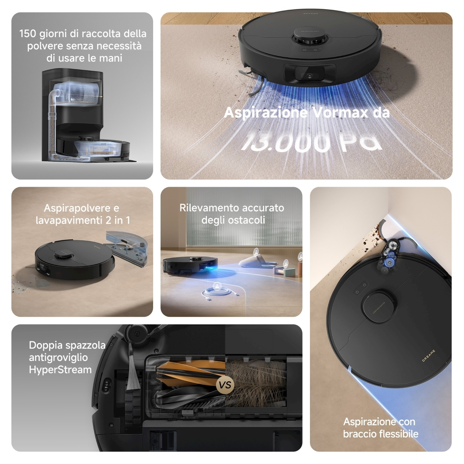 Un collage mostra un aspirapolvere robot nero, la sua base e funzioni come il rilevamento degli ostacoli e una forte aspirazione.
