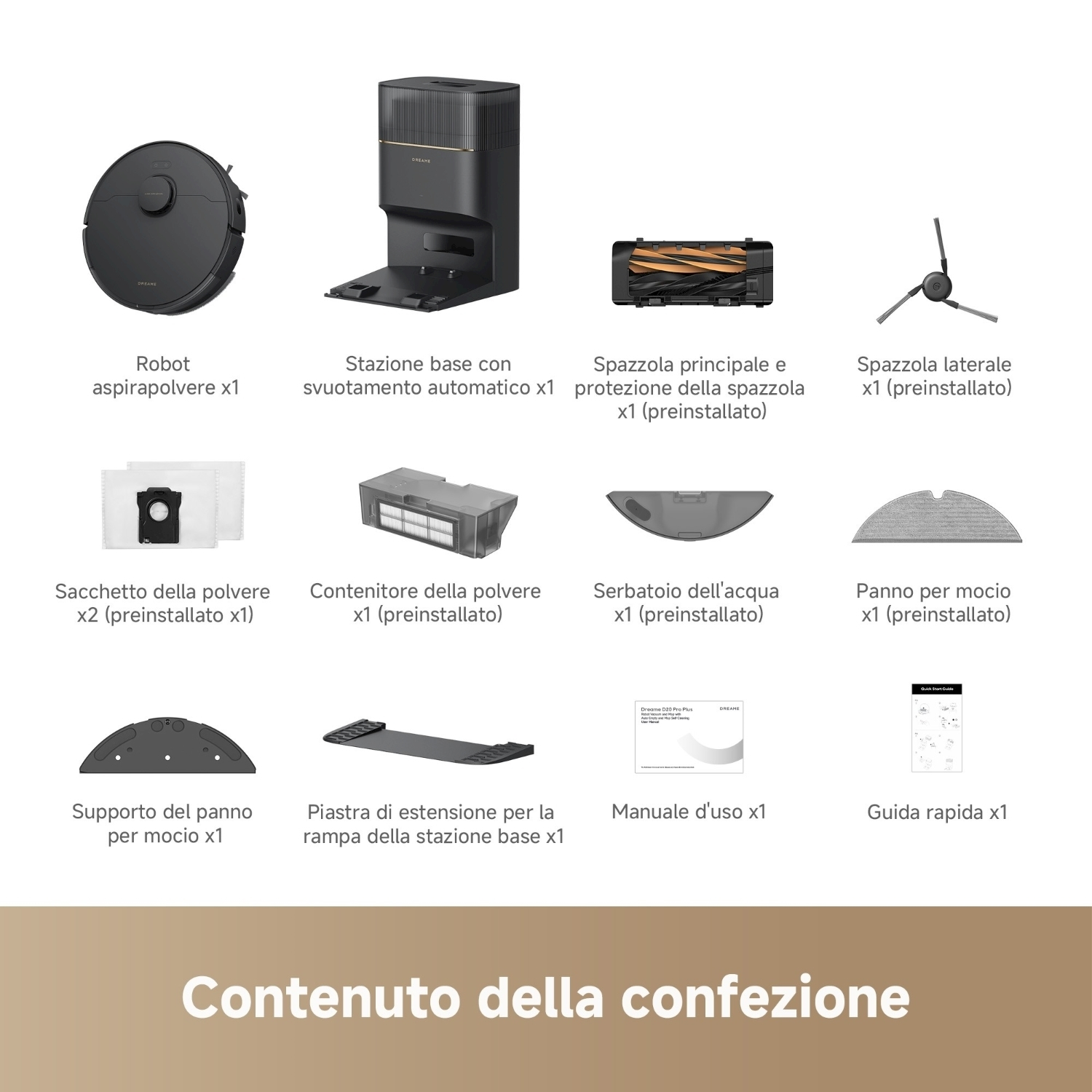 L'immagine mostra un robot aspirapolvere, stazione base, spazzole, sacchetti polvere, serbatoio acqua e accessori, etichettati in italiano.